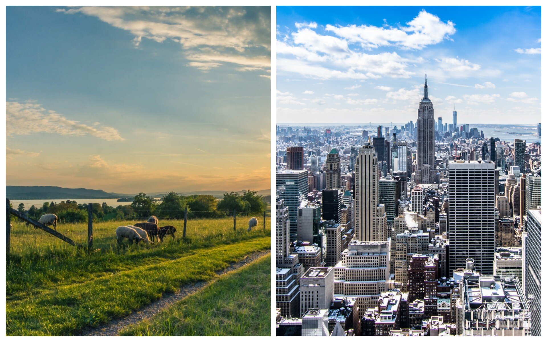 Widoczne są dwie ilustracje. Ilustracja pierwsza przedstawia krajobraz wiejski a druga miasto.