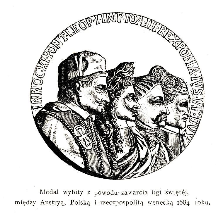 Ilustracja przedstawia medal. Prezentuje on czterech mężczyzn, są ukazane ich prawe profile. Na górze znajduje się napis po łacinie. Pod spodem jest napis: Medal wybity z powodu zawarcia ligi świętej między Austrią, Polską i rzeczpospolitą wenecką 1684 roku.