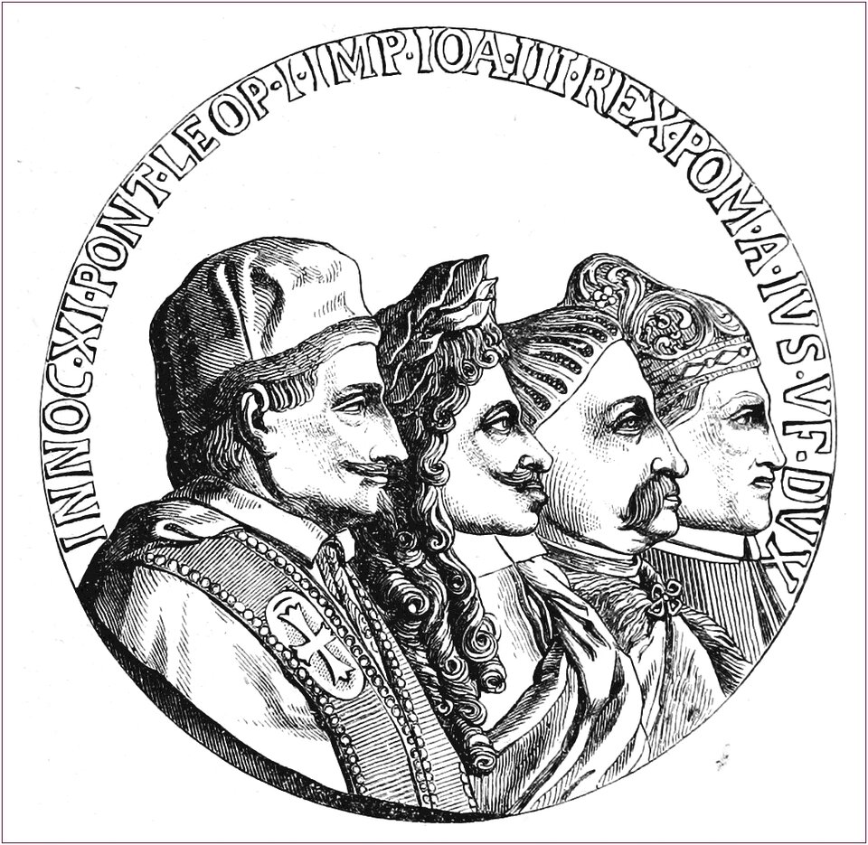 Ilustracja przedstawia medal. Prezentuje on czterech mężczyzn, są ukazane ich prawe profile. Na górze znajduje się napis po łacinie. Pod spodem jest napis: Medal wybity z powodu zawarcia ligi świętej między Austrią, Polską i rzeczpospolitą wenecką 1684 roku.