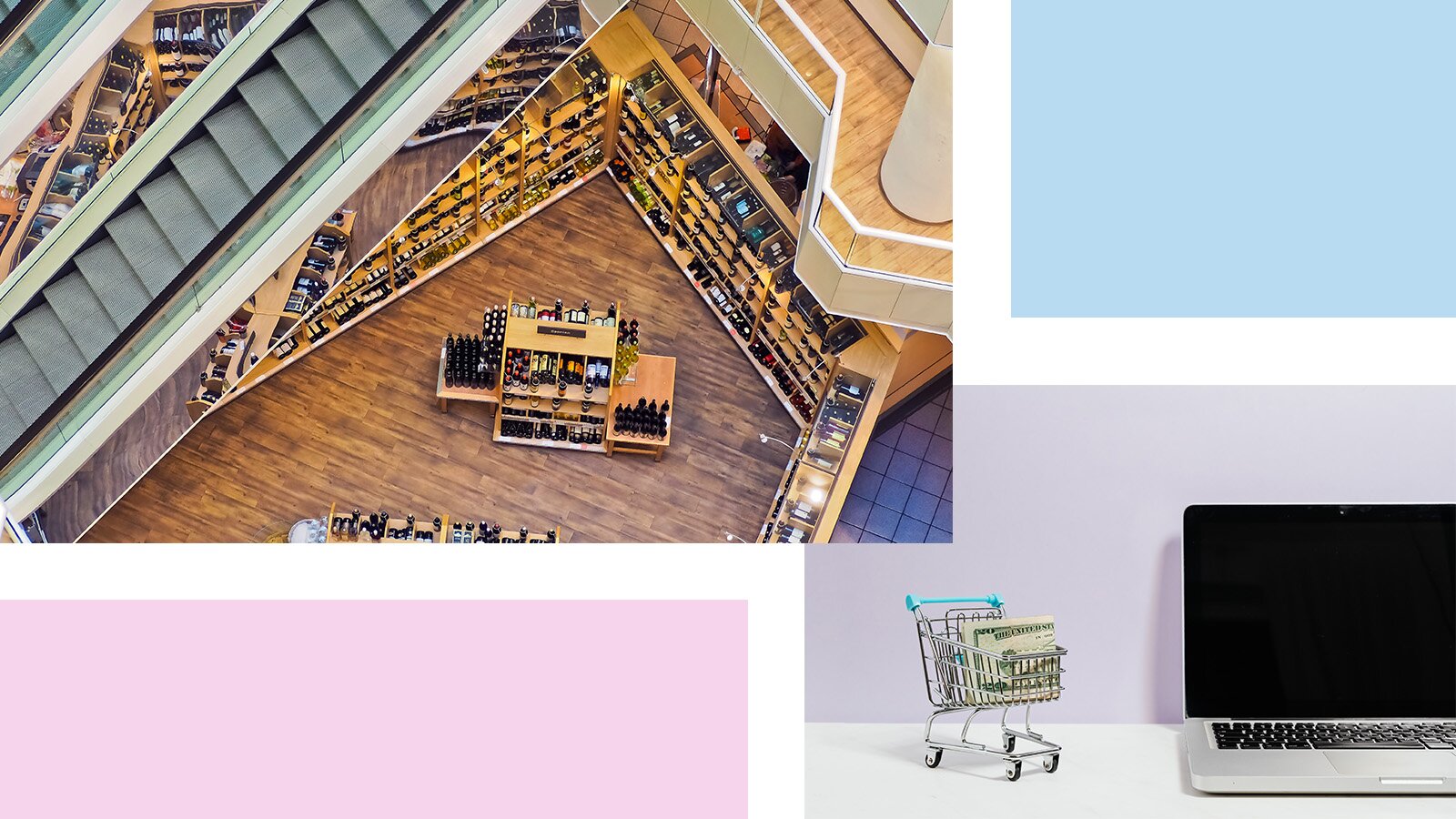 Ilustracja składa się z dwóch zdjęć. Na zdjęciu w lewym górnym rogu widoczna jest galeria handlowa w ujęciu z góry. Na zdjęciu w prawym dolnym rogu widoczny jest laptop, na lewo od którego widoczny jest stojący miniaturowy wózek sklepowy. Pozostałą część ilustracji wypełniają prostokąty w kolorach niebieskim, różowym i fioletowym..