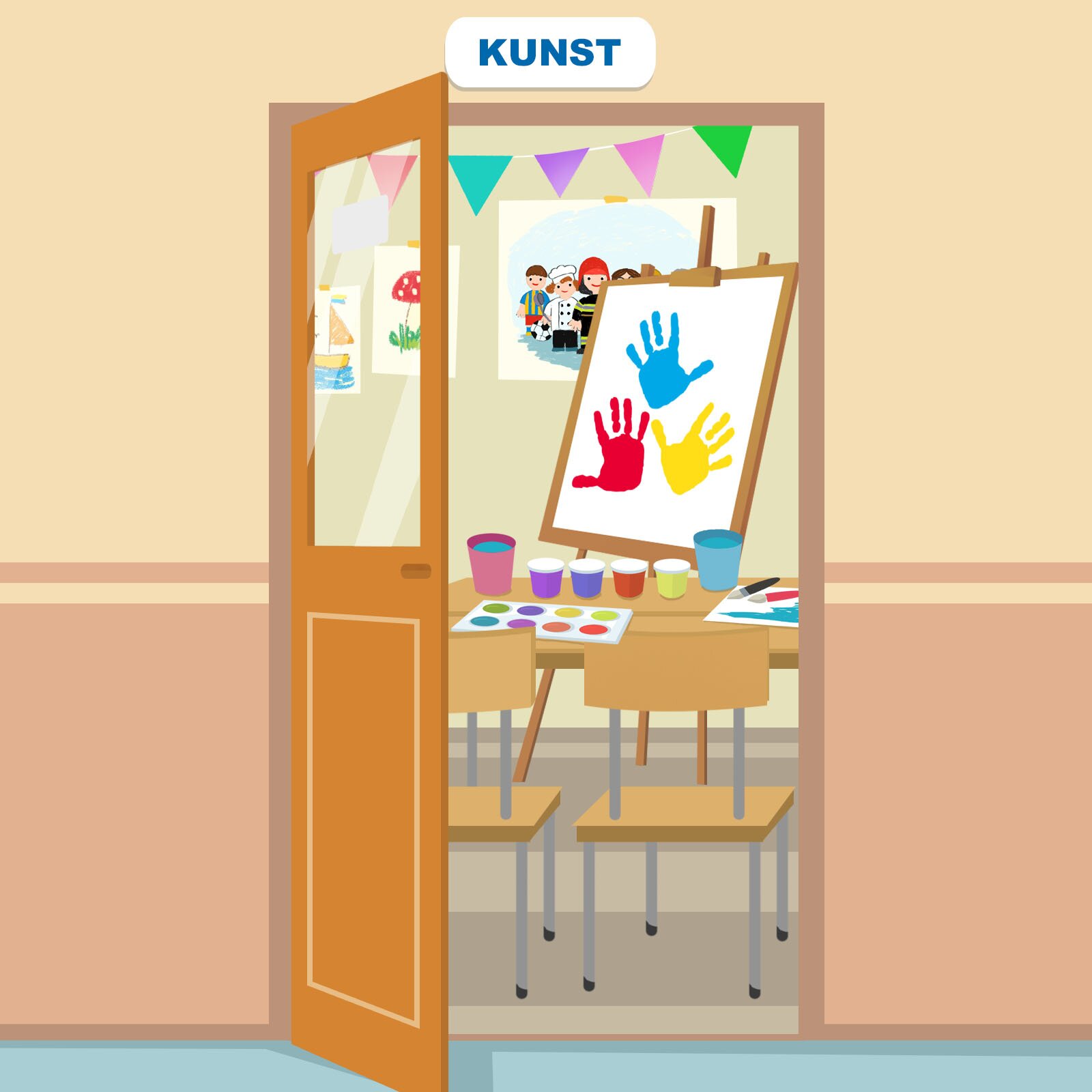 Ilustracja przedstawia salę do plastyki. Widoczna jest sztaluga ,farby i pędzle.