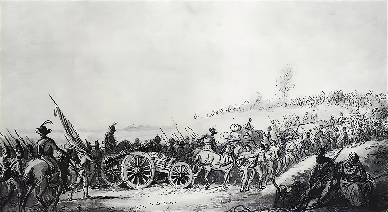 Kliknij, aby powiększyć Rysunek przedstawia maszerujące wojsko. Traktem idzie piechota kościuszkowska. Towarzyszą jej wozy taborowe. Na pierwszym planie po lewej stronie widoczne jest również niewielkie działko polowe ciągnięte przez konia. Obok niego podąża piechur ze zwiniętą flagą. Za nim dowódca na koniu z opuszczoną w dół szablą przygląda się przemarszowi swojego oddziału. Po prawej stronie obrazu na niewielkim wzgórzu odpoczywa kobieta z dzieckiem. Obok niej siedzi mężczyzna, który trzyma przed sobą broń z nabitym bagnetem. Towarzyszy mu mały pies.