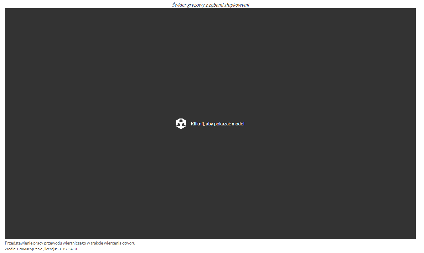 Na zdjęciu przedstawiono przykładowy ekran generowania wizualizacji modelu.W górnej części zdjęcia znajduje się tytuł modelu. Przykładowy tytuł brzmi: świder gryzowy z zębami słupkowymi.Poniżej tytułu znajduje się ekran na którym generowany jest model. W centralnej części ekranu na czarnym tle umieszczony jest napis: kliknij aby pokazać model.