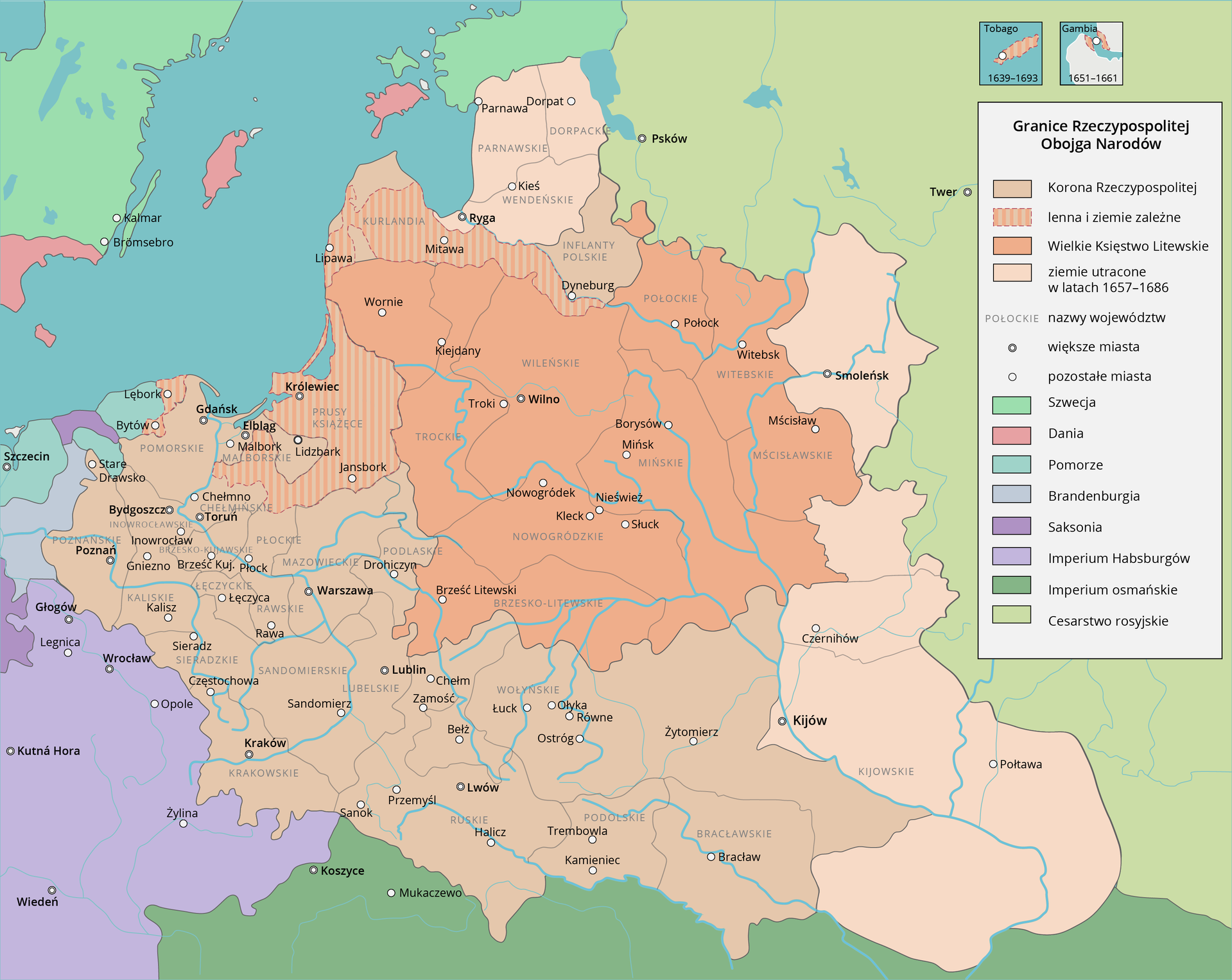 Mapa przedstawia Granice Rzeczpospolitej Obojga Narodów. Korona Rzeczpospolitej zajmowała część Polski przez część północno- wschodnia część Słowacji po zachodnią część Ukrainy. Lenna i ziemie zależne to tereny Prus Książęcych, Kurlandii oraz okolice Lęborka. Wielkie Księstwo Litewskie to teren Białorusi, Litwy, Łotwy oraz zachodnia część Rosji. Największe miasta Gdańsk, Elbląg, Królewiec. Pozostałe miasta : Szczecin, Poznań, Głogów, Legnica, Wrocław, Opole, Kutna Hora, Żylina, Wiedeń, Kraków, Koszyce, Sanok, Przemyśl, Sandomierz, Częstochowa, Sieradz, Rawa, Łęczyca, Kalisz, Płock, Brześć Kujawska, Gniezno, Inowrocław, Toruń, Bydgoszcz, Chełmno, Stare Drawsko, Bytów, Lębork, Gdańsk, Elbląg, Malbork, Lidzbark, Jansbork, Drohiczyn, Warszawa, Lublin, Zamość, Mukaczewo, Halicz, Bełż, Łuck, Ostróg, Równe, Ołyka, Brześć Litewski, Kleck, Słuck, Nieśwież, Mińsk, Borysów, Wilno, Troki, Kiejdany, Mścisław, Witebsk, Połock, Dyneburg, Mitawa, Lipawa, Ryga, Kieś, Parnawa, Dorpat, Psków, Smoleńsk, Twer, Czernihów, Połtawa, Kijów, Bracław, Kamieniec, Tremblowa, Żytomierz,