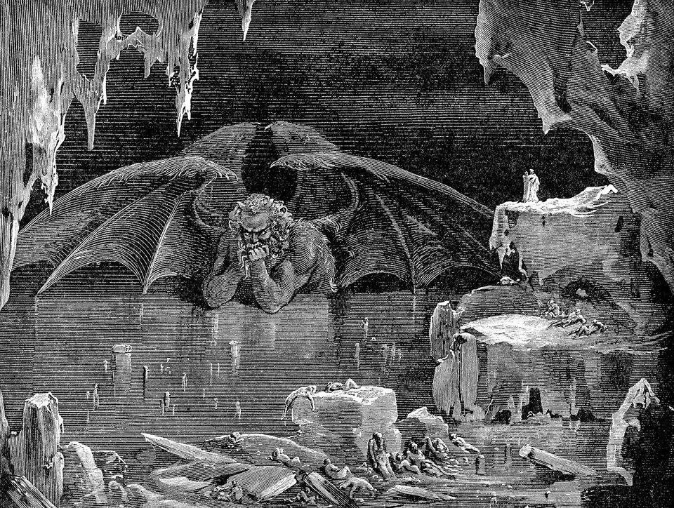 Obraz przedstawia drzeworyt autorstwa francuskiego ilustratora  Gustava Doré do Boskiej komedii Dantego, który nosi tytuł Lucyfer, król piekieł. W zamarzniętej grocie siedzi ogromny szatan i przygląda się nagim ludziom leżącym na skałach. Szatan przedstawiony jest od pasa w górę, podpiera głowę rękami, łokcie oparł na lodzie. Ma on brodę, bujne włosy oraz rogi, z pleców wyrastają mu skrzydła nietoperza. Wokół niego są wystające lodowe sople. Postacie ludzkie są bardzo małe, leżą bezwładnie na skałach lub stoją zamarznięte w lodzie. W prawym górnym rogu obrazu wyróżniają się dwie postacie, które stoją na wystającej skale. Są ubrane w powłóczyste szaty - czerwoną i niebieską.