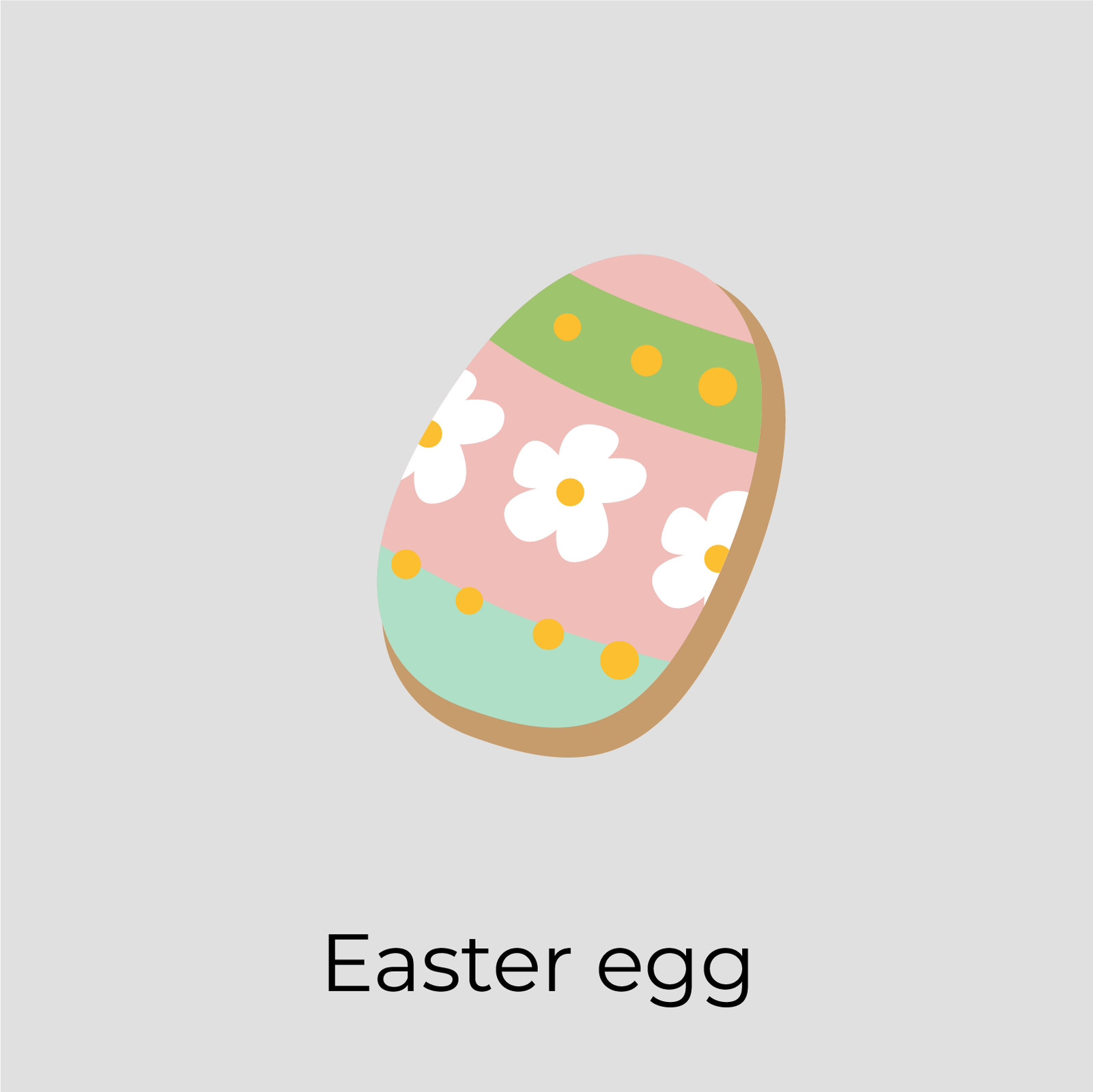 Ilustracja przedstawia pisankę. Jest ona pomalowana w różne wzory i kolory. Wyróżnia się rząd białych kwiatków, przechodzących przez środek jajka. Pod pisanką widnieje podpis: Easter egg.