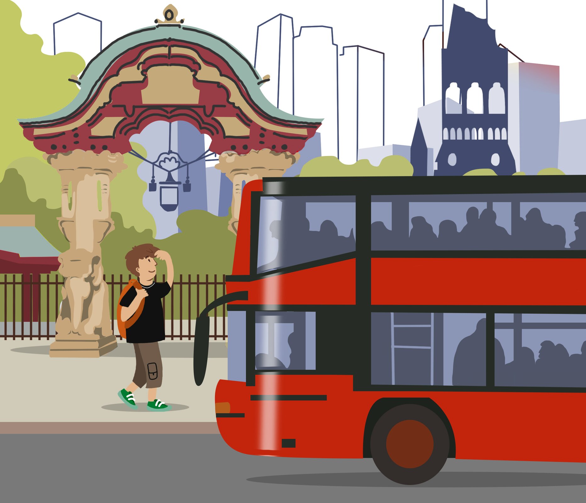 Grafika przedstawia chłopca stojącego przed wejściem do zoo. Wejście do zoo to duża brama z dwoma kolumnami. Obok stoi czerwony, dwupoziomowy autobus pełen pasażerów. 