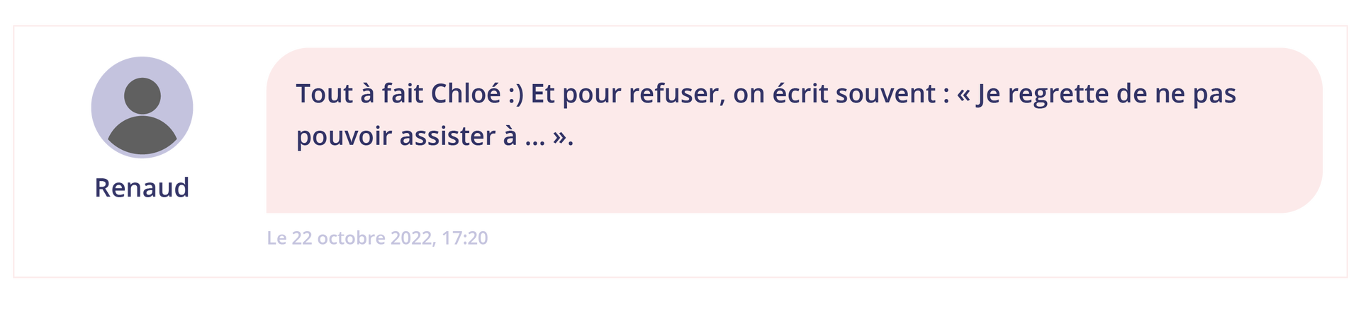 Ilustracja przedstawia fragment chatu, gdzie użytkownik wypowiada się w języku francuskim: 