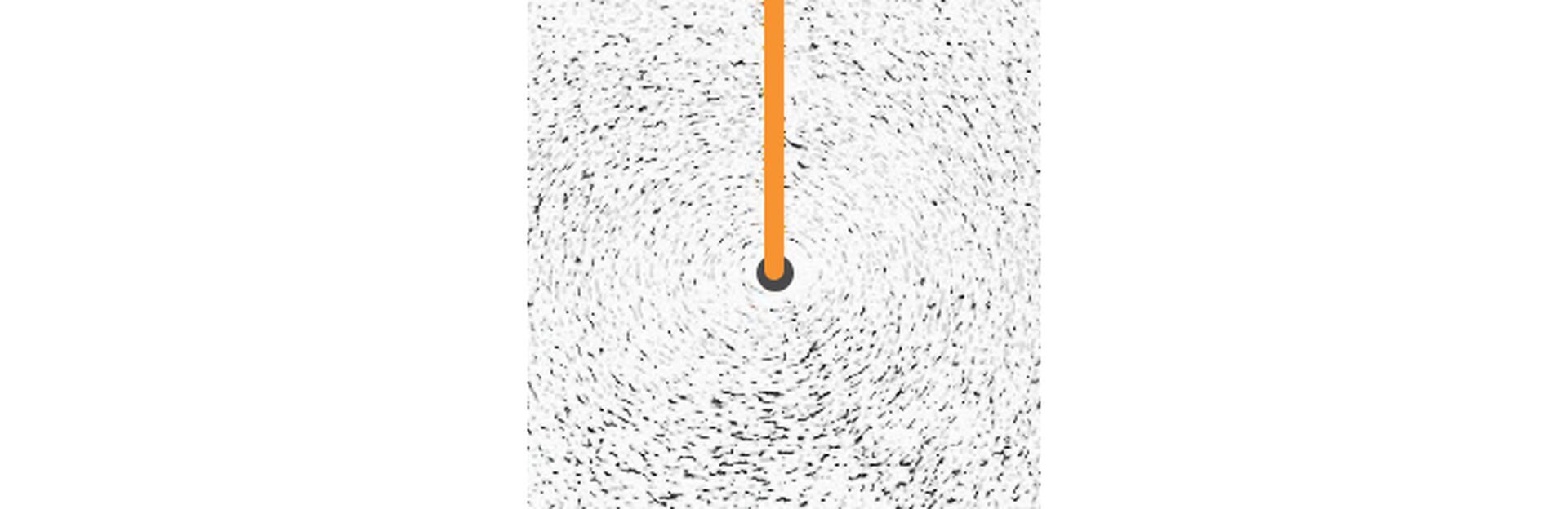 Rys. 1. Na ilustracji widoczny jest prostoliniowy przewodnik z prądem narysowany w postaci pomarańczowego walca ustawionego pionowo. Przewodnik dolnym końcem zanurzony jest w naczyniu wypełnionym olejem i opiłkami żelaza. Przez przewodnik płynie prąd a zatem jest on źródłem pola magnetycznego. Opiłki żelaza reagując na pole magnetyczne pochodzące od przewodnika z prądem tworzą kuliste, koncentryczne wzory wokół przewodnika. Obrazek przedstawia wizualizację pola magnetycznego wytworzonego przez przewodnik z prądem.