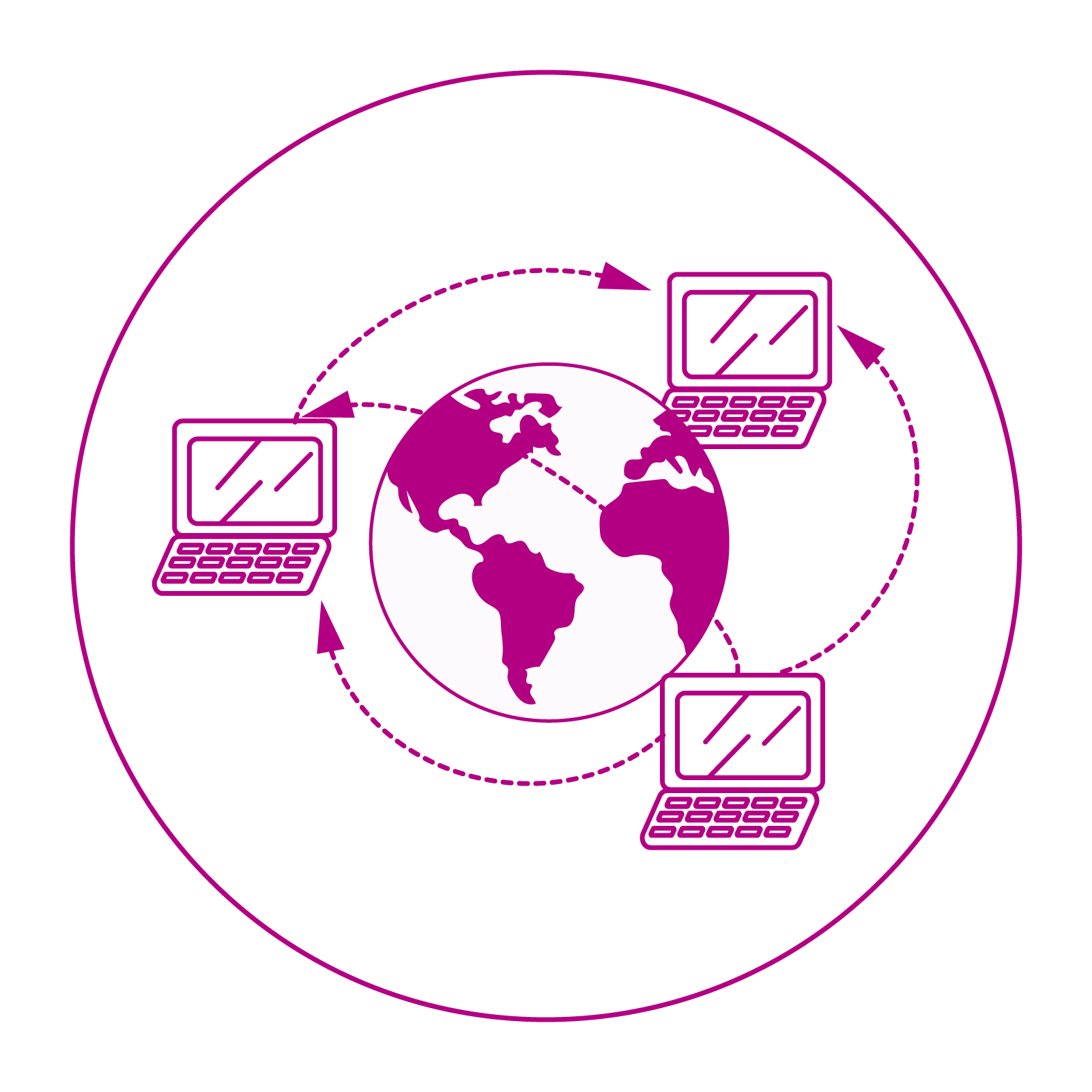 Na grafice widoczne są trzy laptopy, połączone schematem sieci. W tle widać kulę ziemską.