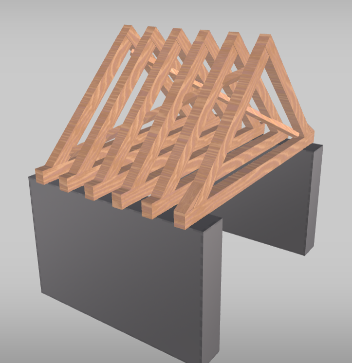 Grafika przedstawia więźbę krokwiowa. Widoczny jest model dachu z sześcioma parami krokwi, tworzących odwróconą literę V. W górnej części biegnie dwie belki pod skosem. W dolnej części każda para krokwi jest połączona poziomymi belkami. Całość opiera się na dwóch prostopadłościennych szarych elementach obrazujących ściany.

Opisy obiektów prezentowanych na grafikach są załączone w treści słownika.