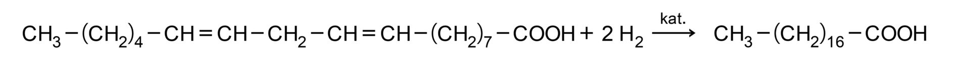 Na ilustracji jest wzór: C H 3 − C H 2 4 − C H = C H − C H 2 − C H = C H − C H 2 7 − C O O H + 2 H 2 ⟶ k a t . C H 3 − C H 2 16 − C O O H .