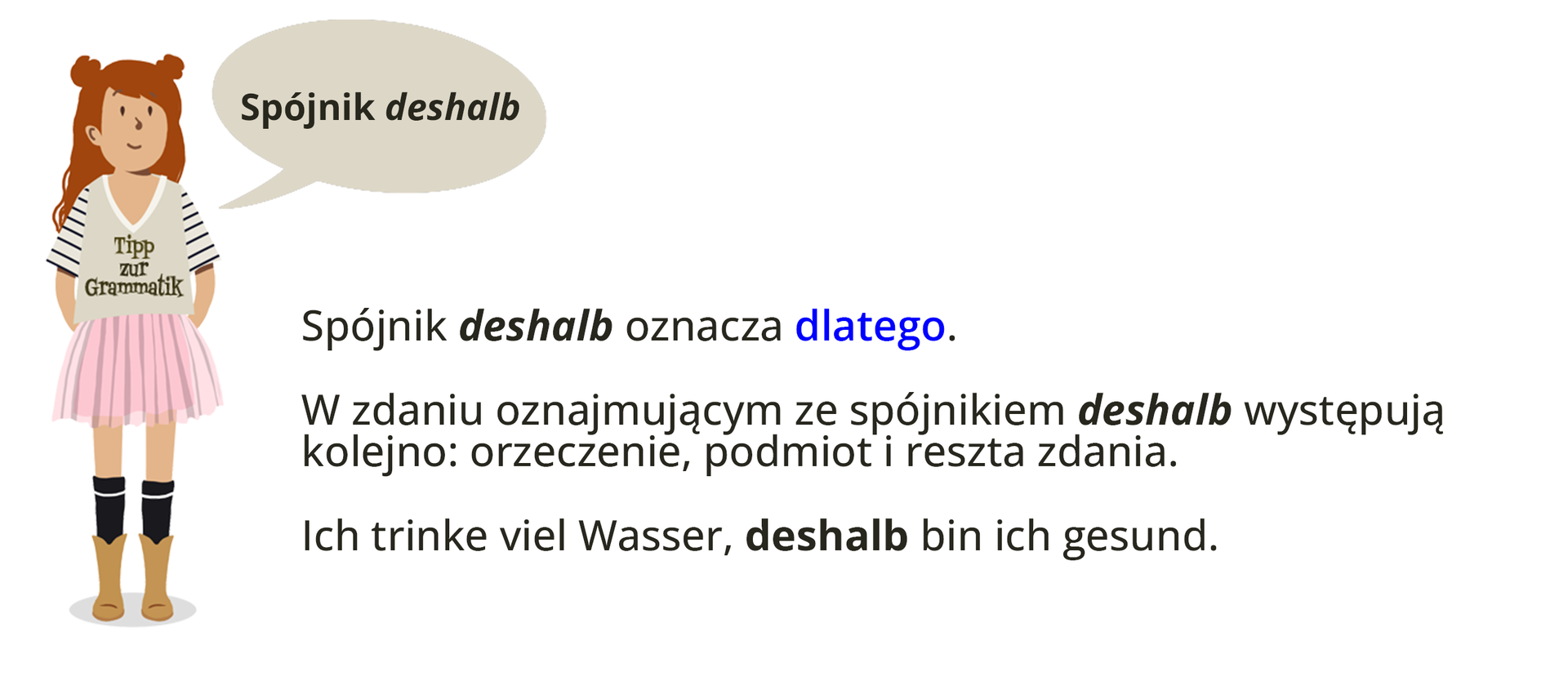 Ilustracja zawiera poradę językową. Ilustracja przedstawia dziewczynkę ubraną w beżową bluzkę z napisem Tipp zur Grammatik oraz w różową spódniczkę w paski. Obok widoczny jest dymek zawierający napis:  Spójnik deshalb.
Pozostałą część grafiki stanowi tekst, którego treść wyświetla się w trybie dostępności.