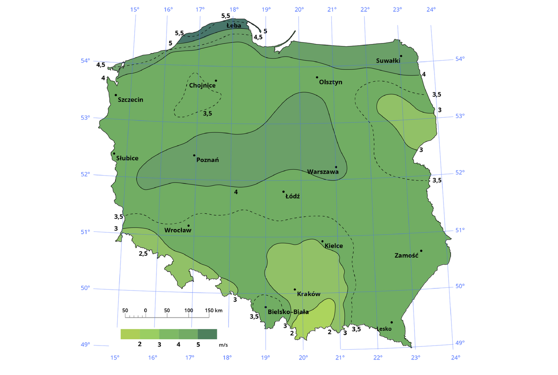 Mapa Polski przedstawiająca średnią roczną prędkość wiatru na wysokości dziesięciu metrów nad poziomem gruntu w metrach na sekundę. Największa prędkość nad morzem, najmniejsza na południu, w centrum nieco większa niż poza obszarem rozciągającym się w pasie od Poznania do Warszawy. Mapa pokryta siatką południków i równoleżników co jeden stopień.