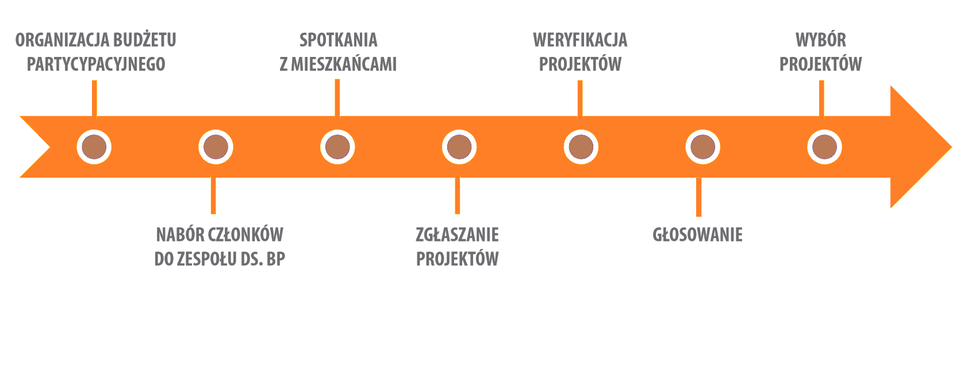 Zdjęcie osi czasu na której zaznaczone są kropki. Przy nich znajdują się opisy przykładowych działań harmonogramu budżetu partycypacyjnego: organizacja budżetu partycypacyjnego; nabór członków do zespołu ds. BP; spotkania z mieszkańcami; zgłaszanie projektów; weryfikacja projektów; głosowanie; wybór projektów.