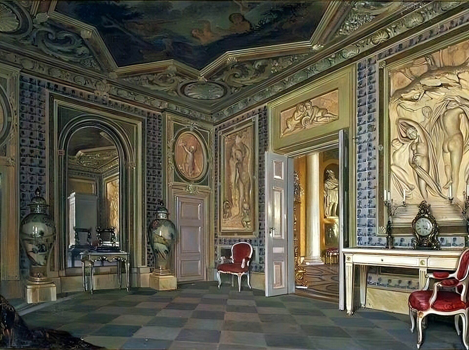 Kliknij, aby powiększyć. z lewej strony obraz Aleksandra Gryglewskiego z 1875 roku ukazujący wygląd Sali Kąpielowej Pałacu na Wodzie w Łazienkach Królewskich w Warszawie, na prawo wygląd Sali Salamona w Pałacu na Wodzie w Łazienkach Królewskich w Warszawie na grafice z 1892 roku. Na lewo znajduje się obraz Aleksandra Gryglewskiego pokazujący, jak wygląda Sala Kąpielowa Pałacu na Wodzie w Łazienkach Królewskich w Warszawie. Ozdabiają ją płaskorzeźby i plafon autorstwa Jana Bogumiła Plerscha o tematyce „Diana w kąpieli”. Zwraca uwagę wielkie lustro w niszy po lewej stronie obrazu otoczone wazami chińskimi.