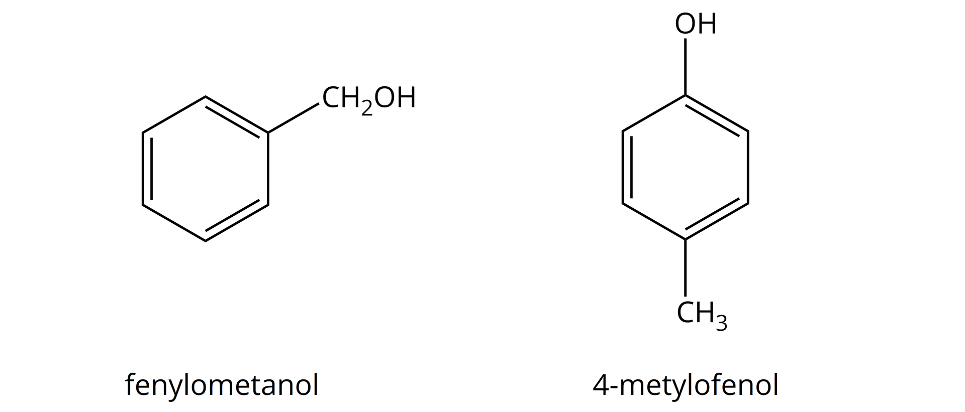 Ilustracja przedstawia wzory grupowe fenylometanolu i 4‑metylofenolu. Budowa fenylometanolu: sześcioczłonowy pierścień aromatyczny, do jednego z naroży przyłączona jest grupa CH2OH. Budowa 4‑metylofenolu: sześcioczłonowy pierścień aromatyczny, do jednego z naroży przyłączona jest grupa OH, a do przeciwległego w pozycji cztery grupa CH3.