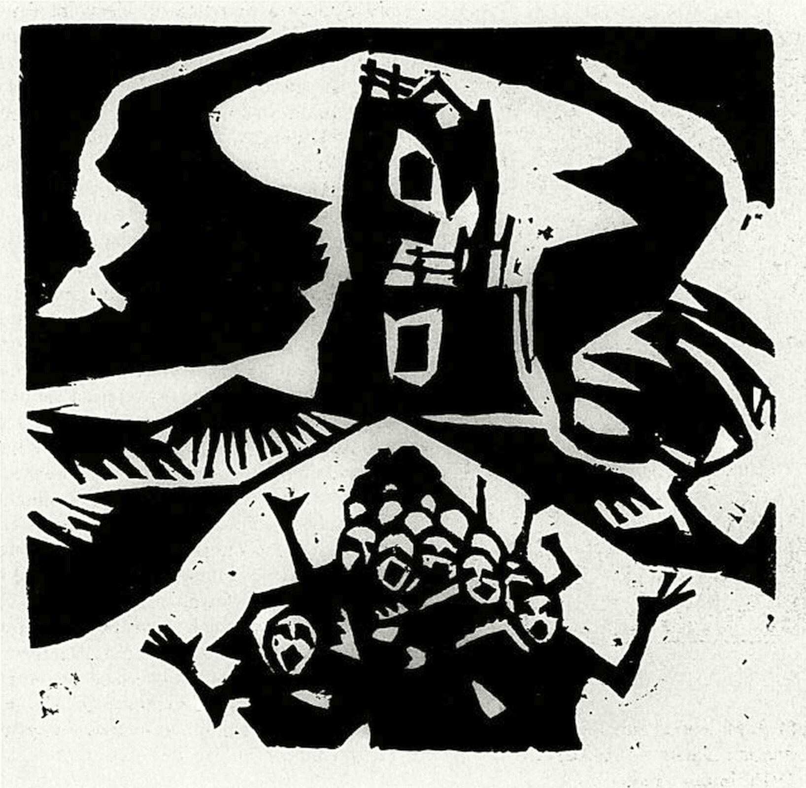 Ilustracja interaktywna przedstawia linoryt Stanisława Kubickiego pt. Wieża Babel. W oddali widzimy wieżę Babel, a pod nim na drodze postaci o białych twarzach i czarnym ubiorze. Ręce mają uniesione ku górze w celu wystraszenia. Czerń i biel podkreślają dramaturgię dzieła.