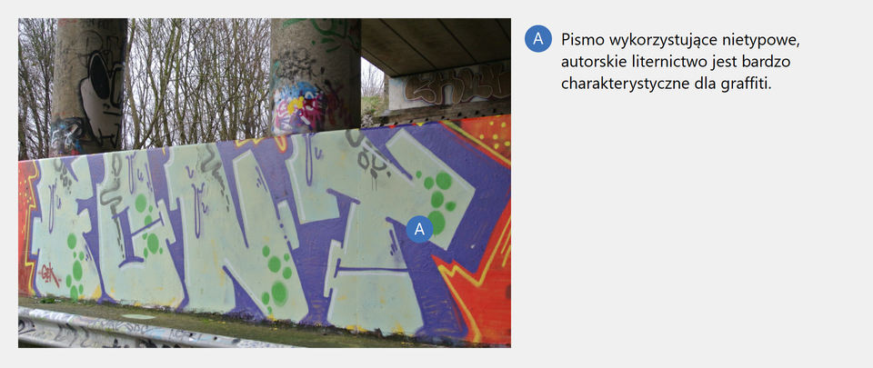 Ilustracja interaktywna przedstawia graffiti wykonane na murze. Na czerwonym tle znajduje się szary napis "FONT" z fioletowym półcieniem. Litery są przechylone są w różnych kierunkach i naniesione są na nie zielone punkty. W tle widoczna jest podstawa mostu. Na ilustracji umieszczony jest niebieski pulsujący punkt zawierający informacje:
