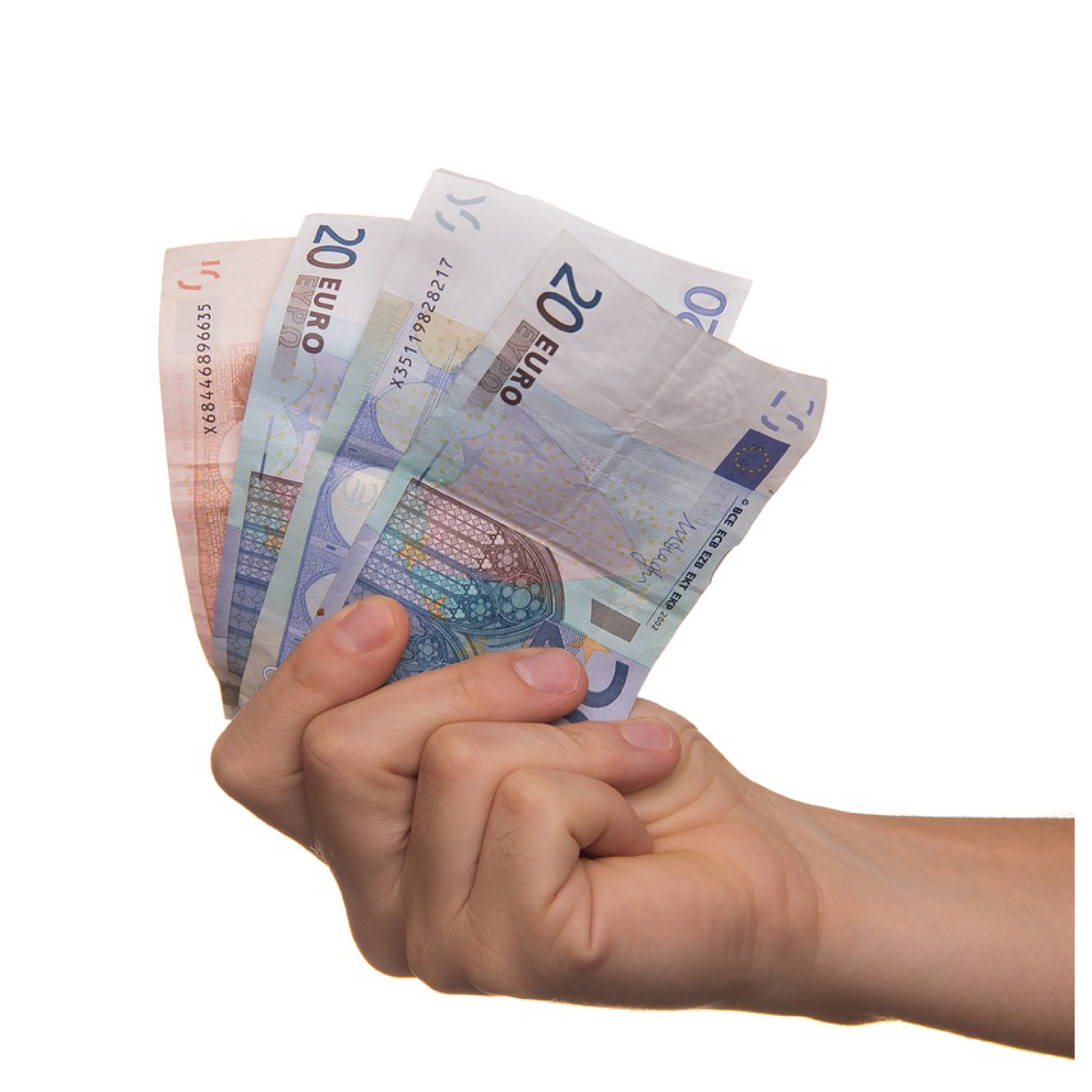 Ilustracja przedstawia rękę trzymającą banknoty euro.