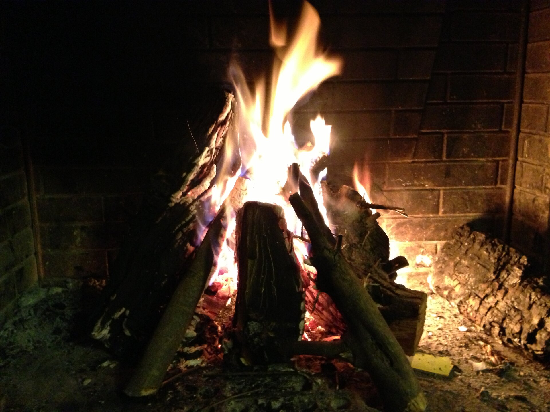 Fotografia pokazuje kominek z palącymi się jasnym płomieniem polanami drewna.