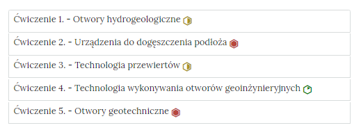 Zdjęcie przedstawia przykładowy wygląd zakładek zawierających interaktywne materiały sprawdzające. Składają się one z prostokątnych paneli umieszczonych jeden pod drugim. Każdy panel posiada numer oraz tytuł, który nawiązuje do zawartego w nim zadania oraz oznaczenie poziomu trudności.