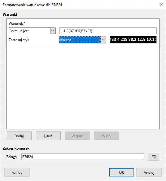 Ilustracja przedstawia okno dialogowe o tytule Formatowanie warunkowe dla B7:B24. Warunki. Warunek 1. Formuła jest = LUB (87<D7; B7>E7). Zastosuj styl: Akcent 1, 33,4; 218; 38,2 12,5; 10,1. Poniżej przyciski aktywne: Dodaj, Usuń i nieaktywne W górę, w dół. Pod nimi zakres komórek. Zakres B7:B24. Na samym dole przyciski: Pomoc, OK, Anuluj.