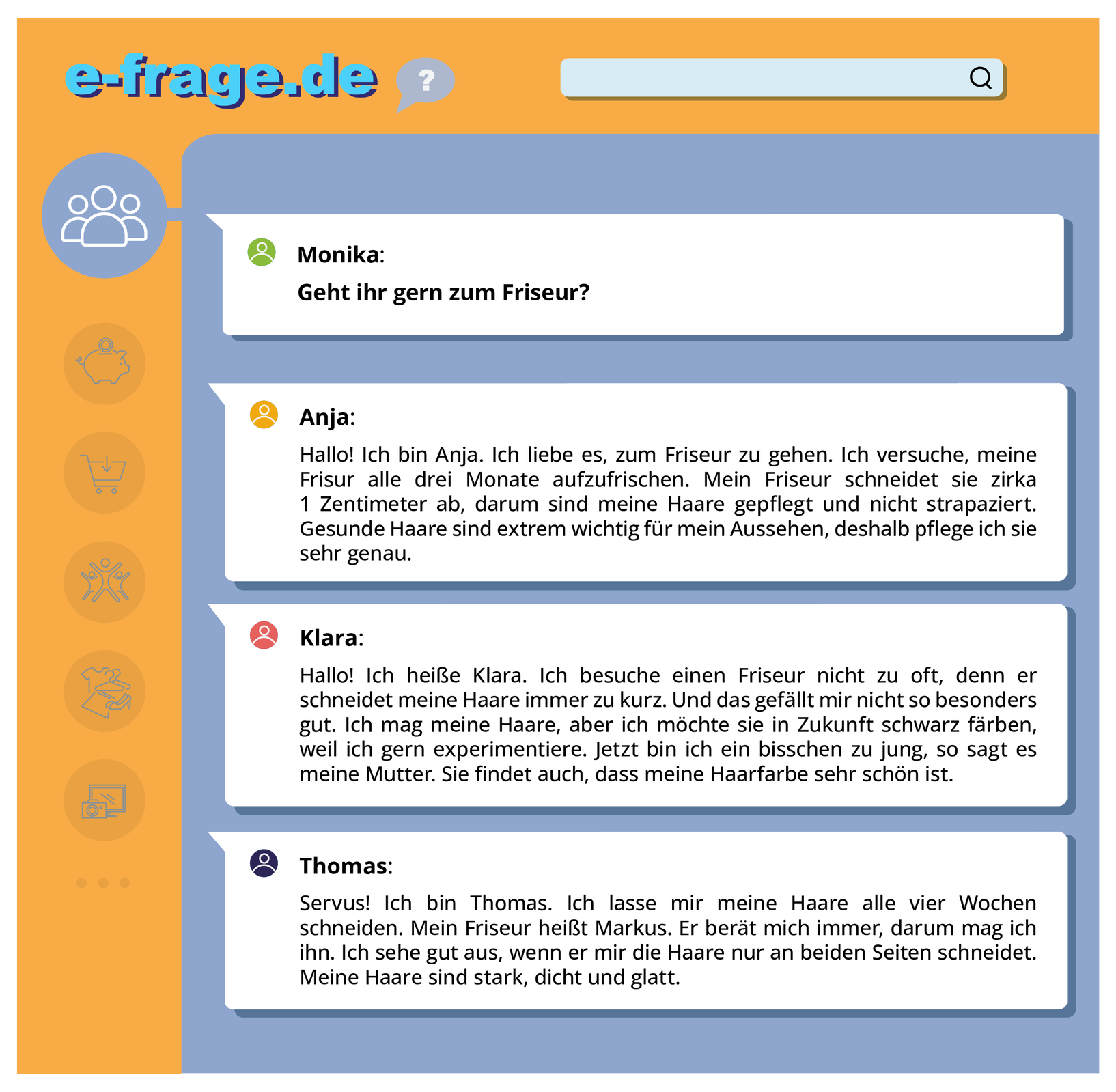 Ilustracja przedstawia interfejs czatu, gdzie widoczny jest dialog w formie tekstowej pomiędzy czterema osobami: Są to Monika, Anja, Klara, Tohmas. Treść dostępna w transkrypcji poniżej.