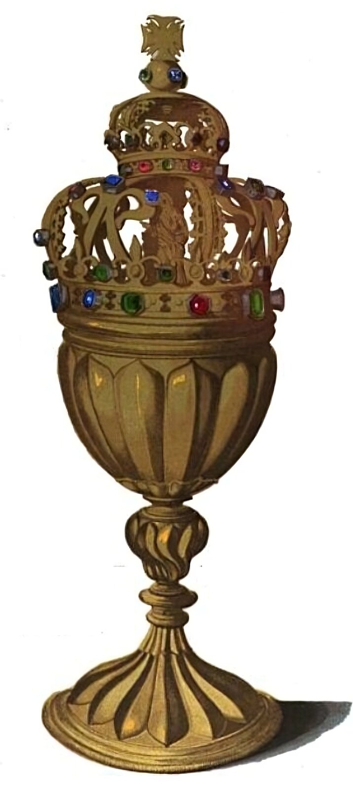 Ilustracja przedstawia rysunek cyborium, czyli puszki na komunikanty, składającej się z kielicha i przykrywy zwanej pyksis. Ma ona formę podwójnej korony, ozdobionej kamieniami szlachetnymi, z inicjałami króla w postaci litery S wykonanymi jako wić ozdabiająca koronę. Na szczycie podwójnej korony jest krzyż. Korona i kielich wykonane są ze złota. Kielich składa się z czary, podstawy i trzonu. Czara ma postać korony kwiatu z wyraźnie zaznaczonymi płatkami. Podstawa to odwrócona korona kwiatu z płatkami, a trzon to skręcona szypułka kwiatu. 