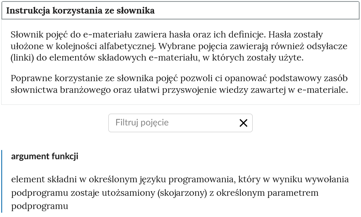 Grafika ukazuje widok na górną część słownika. Na górze znajduje się panel z instrukcją. Poniżej widoczne jest pole do filtrowania haseł. Na dole znajduje się hasło wraz z definicją.