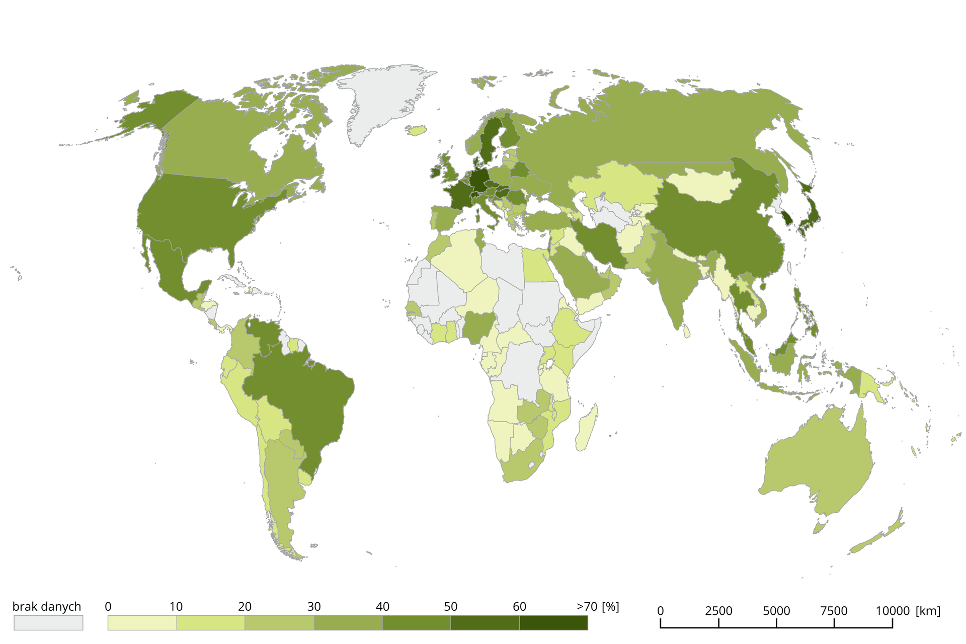 Mapa świata przedstawia udział procentowy przemysłu wysokich i średnich technologii w produkcji przemysłowej ogółem w 2016 r. . Im większy jest ten udział wyrażony w procentach, tym odcień zieleni na mapie jest ciemniejszy. Wynika z niej, że najwyższy udział przemysłu wysokich i średnich technologii w produkcji wynoszący pomiędzy 60 a 70 procent mają Szwajcaria, Niemcy, Japonia oraz Korea Południowa. Pomiędzy 50 a 60 procent mają z kolei m. in. Czechy, Francja, Iran czy Chiny. Pomiędzy 40 a 50 procent udziału posiada m. in. Brazylia, Wenezuela, Hiszpania czy Indie. Pomiędzy 30 a 40 procent udziału mają takie kraje jak Polska, Ukraina czy Rosja. Kraje mieszczące się w zakresie od 20 do 30 procent to m. in. Jemen, RPA czy Pakistan. Państwa w zakresie od 10 do 20 procent to są m. in. Chile, Egipt bądź Kenia. Poniżej 10 procent udziału przemysłu wysokich i średnich technologii w produkcji posiada część krajów afrykańskich oraz azjatyckich – m. in. Algieria, Angola czy Mongolia.