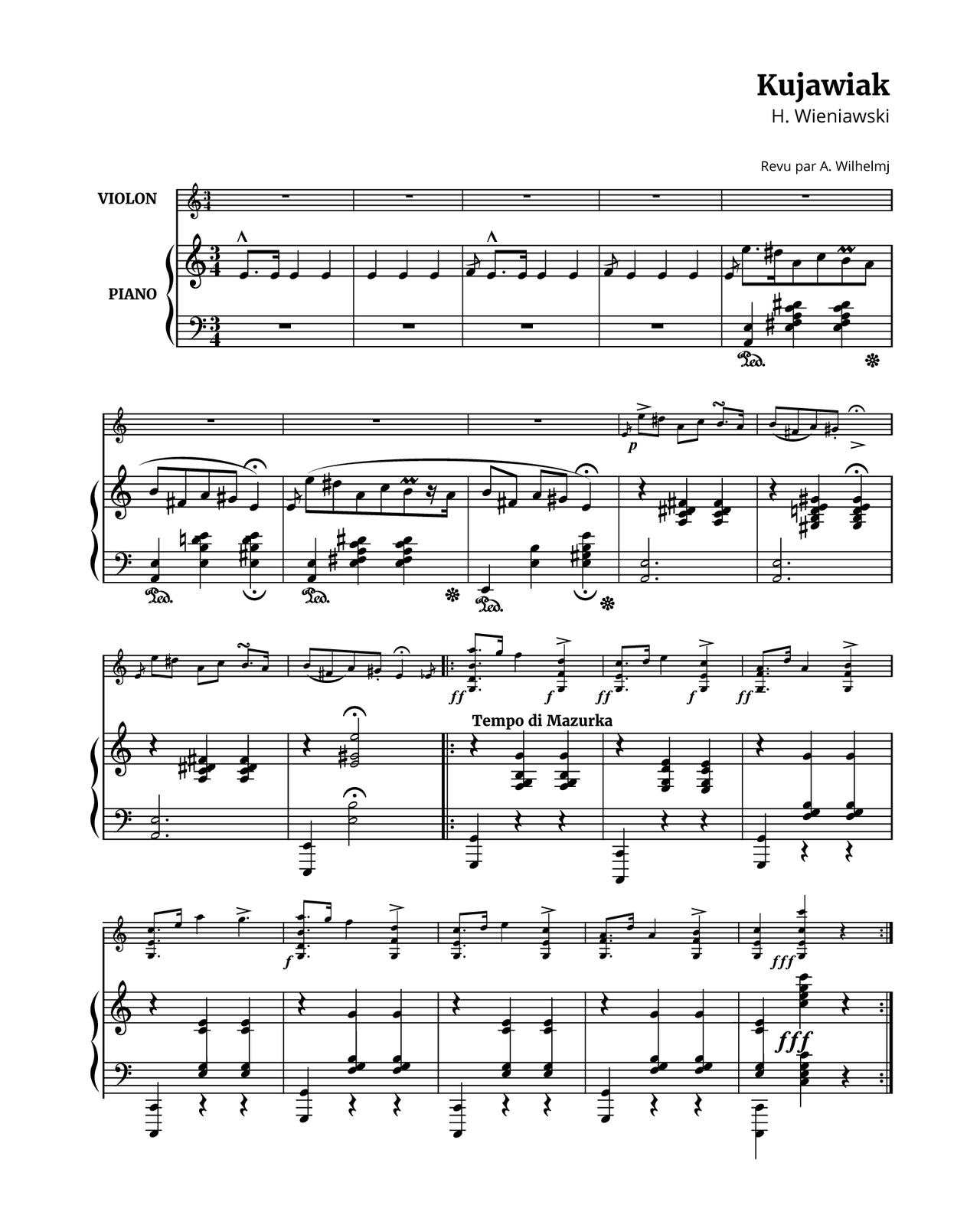 Grafika przedstawia partyturę utworu „Kujawiak a‑moll”, skomponowanego przez Henryka Wieniawskiego. Metrum utworu to trzy czwarte. W systemie znajdują się dwie partie – pierwsza należy do skrzypiec, kolejna do fortepianu. Partia fortepianowa jest rozłożona na dwie linijki – pierwszą w kluczu wiolinowym oraz drugą w kluczu basowym. W pierwszej linijce skrzypce nie grają. Utwór rozpoczyna pianista, grający wyłącznie prawą ręką partię z klucza wiolinowego; trwa to przez cztery takty. W pierwszym wykonywana jest wyłącznie nuta e: na początku mocno zaakcentowana ósemka z kropką na raz (grana jako marcato) [czytaj: markato], następnie szesnastka i dwie ćwierćnuty na drugą oraz trzecią miarę. W drugim takcie wykonywane są trzy ćwierćnuty, grane na równe miary; wszystkie trzy to nuta e. Takt trzeci to powtórzenie taktu pierwszego z jedną różnicą: zaczyna się od przednutki f, następnie na pierwszą miarę mocno zaakcentowana ósemka z kropką i dalej jak w takcie pierwszym. Takt trzeci to trzy ćwierćnuty e z przednutką f na samym początku. W takcie piątym pojawiają się pierwsze dźwięki w linii basowej. Cały takt jest grany z wciśniętym pedałem forte (prawym); pod koniec taktu należy go zwolnić. W kluczu wiolinowym takt zaczyna się od przednutki e, następnie na pierwszą miarę grany jest dźwięk e o oktawę wyżej; jest to ósemka z kropką. Później następuje szesnastka dis oraz cztery ósemki: a, c, h z mordentem oraz a. W kluczu basowym grane są trzy ćwierćnuty: na pierwszą miarę dźwięki a oraz e, na drugą i trzecią miarę dźwięki e, fis, a, c oraz dis. Druga linijka zaczyna się od szóstego taktu utworu. Skrzypce nie grają w taktach od szóstego do ósmego. Takt szósty ponownie grany jest z wciśniętym pedałem forte (prawym). W kluczu wiolinowym fortepian ma do zagrania frazę składającą się z czterech ósemek i ćwierćnuty: h, fis, a, gis oraz e. Ostatni dźwięk oznaczony jest fermatą. W kluczu basowym grane są trzy ćwierćnuty: na pierwszą miarę dźwięki a oraz e, na drugą miarę e, h, d oraz c, na  trzecią miarę te same, jednak z fermatą. W takcie siódmym w kluczu wiolinowym zaczyna się fraza trwająca przez kolejne dwa takty. Na początku pojawia się przednutka e, następnie następuje szereg ósemek: dźwięk e grany oktawę wyżej, dis, a, c, h z mordentem, później pauza szesnastkowa i szesnastka a. W kluczu basowym powtarzany jest takt piąty, trzy ćwierćnuty: na pierwszą miarę dźwięki a oraz e, na drugą i trzecią miarę dźwięki e, fis, a, c oraz dis. Cały takt ponownie jest grany przy wciśniętym pedale forte, który należy zwolnić na koniec taktu. W takcie ósmym w kluczu wiolinowym trwa dalej fraza z taktu poprzedniego: składa się z czterech ósemek i ćwierćnuty: h, fis, a, gis oraz e. Ostatni dźwięk oznaczony jest fermatą. W kluczu basowym grane są cztery ćwierćnuty: e, następnie kwinta e i h, na trzecią miarę akord e‑dur: dźwięki e, gis, g oraz e oktawę wyżej. Akord oznaczony jest fermatą. Cały takt ponownie jest grany przy wciśniętym pedale forte, który należy zwolnić na koniec taktu. W takcie dziewiątym pojawiają się pierwsze dźwięki w partii skrzypiec. Wprowadzone zostaje oznaczenie dynamiki: piano. Partia skrzypiec zaczyna się od przednutki e, następnie następuje szereg ósemek: na pierwszą miarę dźwięk e z akcentem, następnie dis, a oraz c. Trzecia miara rozpoczyna się od ósemki z kropką h granej z obiegnikiem, takt kończy się szesnastką a. W partii fortepianu w kluczu wiolinowym pierwsza miara to pauza ćwierćnutowa, następnie grane są dwie ćwierćnuty z takimi samymi dźwiękami: a, c, dis oraz fis. W kluczu basowym grana jest tylko kwinta a i e w rytmie półnuty z kropką. W takcie dziesiątym w partii skrzypiec grane są cztery ósemki: trzy pierwsze to h, fis oraz a, wykonywane jako fraza, na koniec gis z artykulacją span lang="it">staccato [czytaj: stakkato]. Klucz wiolinowy fortepianu ponownie rozpoczyna pauza ćwierćnutowa, następnie grane są dwie ćwierćnuty – akordy zmniejszone gis składające się z następujących dźwięków: gis, h, d, e oraz gis oktawę wyżej. Akord grany na trzecią miarę został oznaczony fermatą. W kluczu basowym powtarzana jest kwinta a i e wykonywana jako półnuta z kropką. Kolejne dwa takty, czyli jedenasty oraz dwunasty, stanowią powtórzenie poprzednich dwóch z uzupełnieniem. W takcie jedenastym partia skrzypiec rozpoczyna się od przednutki e, następnie następuje szereg ósemek: na pierwszą miarę dźwięk e z akcentem, następnie dis, a oraz c. Trzecia miara rozpoczyna się od ósemki z kropką h granej z obiegnikiem, takt kończy się szesnastką a. W partii fortepianu w kluczu wiolinowym pierwsza miara to pauza ćwierćnutowa, następnie grane są dwie ćwierćnuty z takimi samymi dźwiękami: a, c, dis oraz fis. W kluczu basowym grana jest tylko kwinta a i e w rytmie półnuty z kropką. W takcie dwunastym w partii skrzypiec grane są najpierw cztery ósemki: trzy pierwsze to h, fis oraz a, wykonywane jako fraza, na koniec gis z artykulacją staccato [czytaj: stakkato]. Na trzecią miarę grana jest ćwierćnuta e z fermatą. Takt kończy się przednutką es prowadzącą do dalszej części utworu. Klucz wiolinowy fortepianu ponownie rozpoczyna pauza ćwierćnutowa, następnie grana jest półnuta – pozbawiony kwinty akord e‑dur składający się z dźwięków e, gis oraz e oktawę wyżej oznaczony fermatą. W kluczu basowym na pierwszą miarę grana jest oktawa e jako ćwierćnuta, natomiast na drugą miarę kwinta e i a oznaczona fermatą. Takt trzynasty rozpoczyna kolejną część utworu. Na początku pojawia się oznaczenie dynamiki forte fortissimo, początek repetycji oraz dopisek „Tempo di Mazurka”. Skrzypce grają czterodźwięk składający się z dźwięków g, d, h oraz a w rytmie ósemki z kropką, następnie szesnastkę g i ćwierćnutę f. Na trzecią miarę grany jest z akcentem trójdźwięk g, f oraz d z dynamiką forte. W partii fortepianu w kluczu wiolinowym na raz pojawia się pauza ćwierćnutowa, następnie dwie takie same ćwierćnuty na drugą i trzecią miarę: akordy składające się z dźwięków f, g, h oraz g. W kluczu basowym fortepian wykonuje ćwierćnutę z oktawą g; na drugą i trzecią miarę nic nie gra, zapisane są pauzy ćwierćnutowe. W takcie czternastym skrzypce na pierwszą miarę grają ósemkę z kropką z dynamiką forte fortissimo – trójdźwięk g, d oraz c. Następnie wykonywana jest szesnastka d, na drugą miarę ćwierćnuta e, a na miarę trzecią ćwierćnuta g, e oraz c z akcentem i dynamiką forte. Fortepian w kluczu wiolinowym ponownie zaczyna od pauzy ćwierćnutowej, następnie gra dwa czterodźwięki‑ćwierćnuty: e, g, c oraz d na drugą i trzecią miarę. W kluczu basowym na pierwszą miarę grana jest oktawa c, następnie dwie pauzy ćwierćnutowe. Takt piętnasty w partii skrzypiec ponownie zaczyna się od ósemki z kropką granej w dynamice forte fortissimo. Jest to trójdźwięk składający się z dźwięków g, f oraz a. Po nim następuje szesnastka d, następnie ćwierćnuta a i zaakcentowany trójdźwięk‑ćwierćnuta na trzecią miarę: g, f oraz h. W partii fortepianu w kluczu wiolinowym na pierwszą miarę pojawia się pauza ćwierćnutowa, a następnie dwa czterodźwięki na drugą i trzecią miarę, z częścią nut przeniesioną do klucza basowego. W kluczu wiolinowym znajdują się dwie ćwierćnuty g. W kluczu basowym na pierwszą miarę grana jest ćwierćnuta‑oktawa g, następnie na miarę drugą i trzecią ćwierćnuty z dźwiękami f, g i h w prawej ręce (ręka lewa ma dwie pauzy ćwierćnutowe). Takt szesnasty w partii skrzypiec zaczyna się od ósemki z kropką: trójdźwięku g, e oraz c. Następnie wykonywana jest szesnastka e, na drugą miarę ćwierćnuta a oraz mocny akcent na ćwierćnutę z kropką g. W partii fortepianu w kluczu wiolinowym na pierwszą miarę ponownie pojawia się pauza ćwierćnutowa. Następnie prawa ręka gra dwa czterodźwięki (część nut została przeniesiona do klucza basowego): na drugą i trzecią miarę takie same ćwierćnuty z układami e, g, c oraz e. W kluczu basowym pojawia się ćwierćnuta‑oktawa c na pierwszą miarę, a następnie dwie pauzy ćwierćnutowe.  W takcie siedemnastym pojawia się oznaczenie dynamiki forte. Partia skrzypiec zaczyna się od ósemki z kropką: jest to czterodźwięk składający się z dźwięków g, d, h oraz a, później następuje szesnastka g i ćwierćnuta f. Na trzecią miarę grany jest z akcentem trójdźwięk g, f oraz d. W partii fortepianu w kluczu wiolinowym ponownie pojawia się pauza ćwierćnutowa na pierwszą miarę, następnie dwie ćwierćnuty‑akordy grane przez prawą rękę: czterodźwięki f, g, h oraz g z częścią nut przeniesioną do klucza basowego. W kluczu basowym partia rozpoczyna się od oktawy‑ćwierćnuty g na pierwszą miarę, następnie lewa ręka odpoczywa podczas dwóch pauz ćwierćnutowych. W takcie osiemnastym skrzypce na pierwszą miarę grają ósemkę z kropką – trójdźwięk g, d oraz c. Następnie wykonywana jest szesnastka d, na drugą miarę ćwierćnuta e, a na miarę trzecią ćwierćnuta g, e oraz c z akcentem. Fortepian w kluczu wiolinowym ponownie zaczyna od pauzy ćwierćnutowej, następnie gra dwa czterodźwięki‑ćwierćnuty: e, g, c oraz d na drugą i trzecią miarę z częścią dźwięków przeniesioną do klucza basowego. W kluczu basowym na pierwszą miarę grana jest oktawa c, następnie dwie pauzy ćwierćnutowe. Takt dziewiętnasty w partii skrzypiec ponownie zaczyna się od ósemki z kropką. Jest to trójdźwięk składający się z dźwięków g, f oraz a. Po nim następuje szesnastka d, następnie ćwierćnuta a i zaakcentowany trójdźwięk‑ćwierćnuta na trzecią miarę: g, f oraz h. W partii fortepianu w kluczu wiolinowym na pierwszą miarę pojawia się pauza ćwierćnutowa, a następnie dwa czterodźwięki g, f, h i g na drugą i trzecią miarę, z częścią nut przeniesioną do klucza basowego. W kluczu basowym na pierwszą miarę grana jest ćwierćnuta‑oktawa g, następnie ręka lewa ma dwie pauzy ćwierćnutowe. Ostatni, dwudziesty takt w partii skrzypiec rozpoczyna się od ćwierćnutowego akordu g, e oraz c. Po nim następuje kolejna ćwierćnuta: akordy g, e, c oraz ponownie c w dynamice fortissimo possibile oraz pauza ćwierćnutowa na trzecią miarę. Takt kończy się zakończeniem repetycji. Na fortepianie prawa ręka wykonuje czterodźwięk e, g, c e w prawej ręce na pierwszą miarę w rytmie ćwierćnuty, a następnie ten sam czterodźwięk oktawę wyżej w dynamice fortissimo possibile oraz pauzę ćwierćnutową na trzecią miarę. W kluczu basowym lewa ręka gra ćwierćnutę‑oktawę c, a później czterodźwięk c, e, g oraz c.