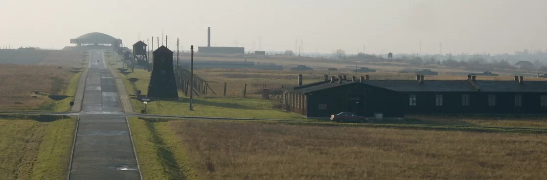 Zdjęcie przedstawia obóz koncentracyjny. Na środku znajduje się asfaltowa jezdnia. W połowie rozwidla się na dwie drogi w prawym i lewym kierunku. Po prawej stronie jest umieszczony prostokątny budynek ze spadzistym dachem, na którym znajdują się kominy. Wzdłuż drogi po prawej stronie, na trawie stoją drewniane wieże obserwacyjne w równych odległościach od siebie. Obok nich są umieszczone wysokie słupy, za którymi znajduje się ogrodzenie z drutem kolczastym. Otacza ono widoczne w dali baraki. Po lewej stronie rośnie trawa. Na końcu alei jest widoczne mauzoleum. W dali, po prawej stronie znajduje się krematorium.