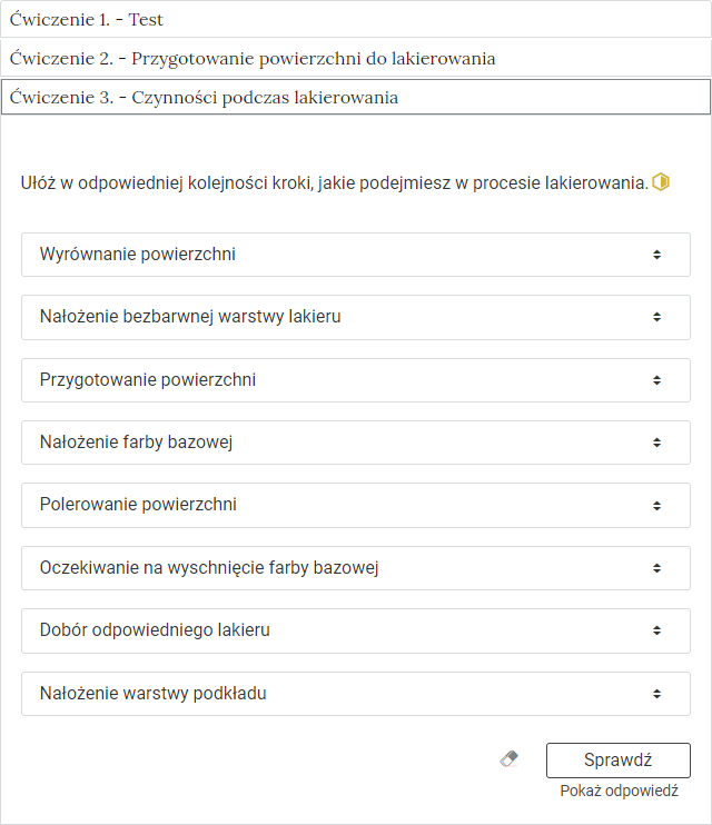Przykładowy widok rozwiniętej zakładki interaktywnych materiałów sprawdzających