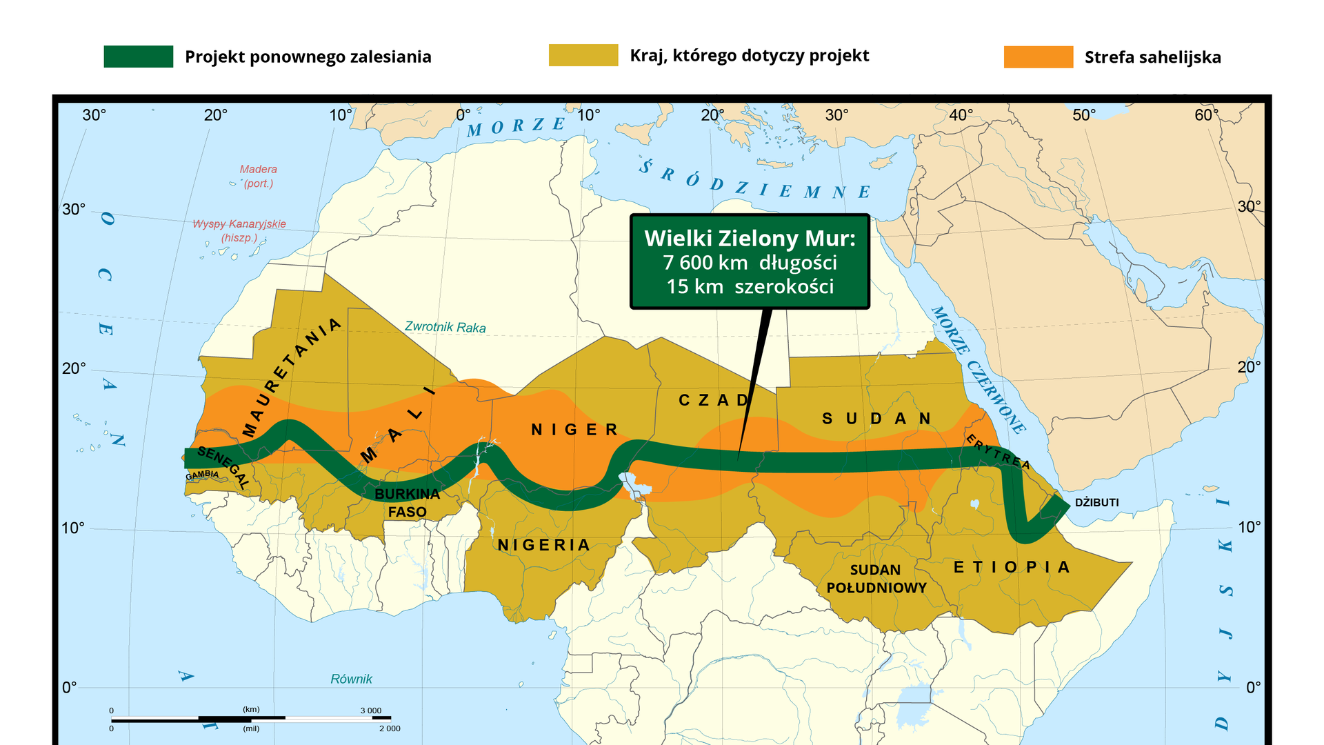 Ilustracja przedstawia mapę projektu Wielkiego Zielonego Muru. Ma to być pas lasów prowadzony od zachodniej części Afryki aż do wschodniego wybrzeża - będzie biegł od Senegalu przez Mali, Burkina Faso, Niger, Nigerię, Czad, Sudan, Erytreę i Etiopię. W planach ma mieć 7 600 km długości i 15 km szerokości. Będzie on w większości przebiegał przez strefę sahelijską. 