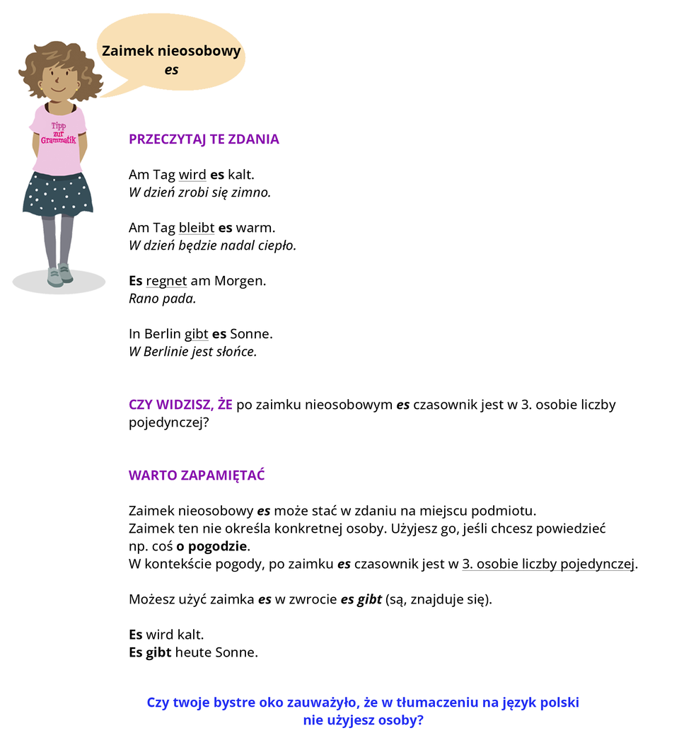 Grafika przedstawia dziewczynkę ubraną w różową bluzkę z napisem Tipp zur Grammatik oraz w szarą spódniczkę w grochy. Dziewczynka mówi: Zaimek nieosobowy es. Pozostałą część ilustracji stanowi tekst, którego treść wyświetla się w trybie dostępności.