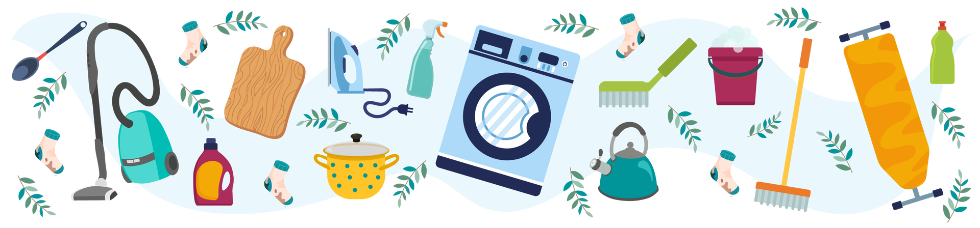 Ilustracja przedstawia szare tło, na którym znajdują się przedmioty związane z gospodarstwem domowym. Od lewej strony są to: duża granatowa łyżka kuchenna, turkusowo‑szary odkurzacz, wiśniowa butelka płynu do płukania tkanin z pomarańczową etykietą i ciemnoszarą nakrętką, drewniana deska do krojenia, żółty garnek w niebieskie kropki ze szklaną pokrywką, jasnoniebieskie żelazko z granatowym kablem, turkusowy pojemnik z płynem czyszczącym, błękitno‑granatowa pralka, jasnozielona miotełka, ciemnoturkusowy czajnik, wiśniowe wiadro z pieniącą się wodą z płynem czyszczącym, pomarańczowa miotła, pomarańczowa deska do prasowania i jasnozielona butelka płynu do naczyń. Dookoła przedmiotów unosi się kilka gałązek z podłużnymi zielonymi listkami oraz kilka beżowo‑turkusowych skarpetek.