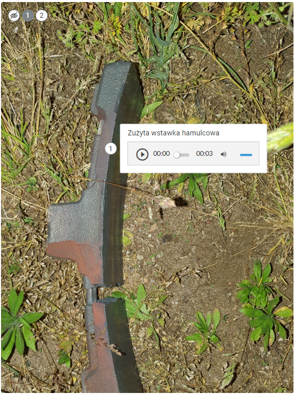 Grafika przedstawia ilustrację interaktywną z otwartym panelem. Jest to prostokątne pole znajdujące się z prawej strony. W panelu znajdują się: tekst uzupełniający, nagranie dźwiękowe tożsame z tekstem, przycisk sterowania głośnością a także przycisk pauzy oraz wznawiania nagrania. Dodatkowo w lewym górnym rogu znajduje się menu grafiki przedstawiające spis punktów interaktywnych na danej grafice.