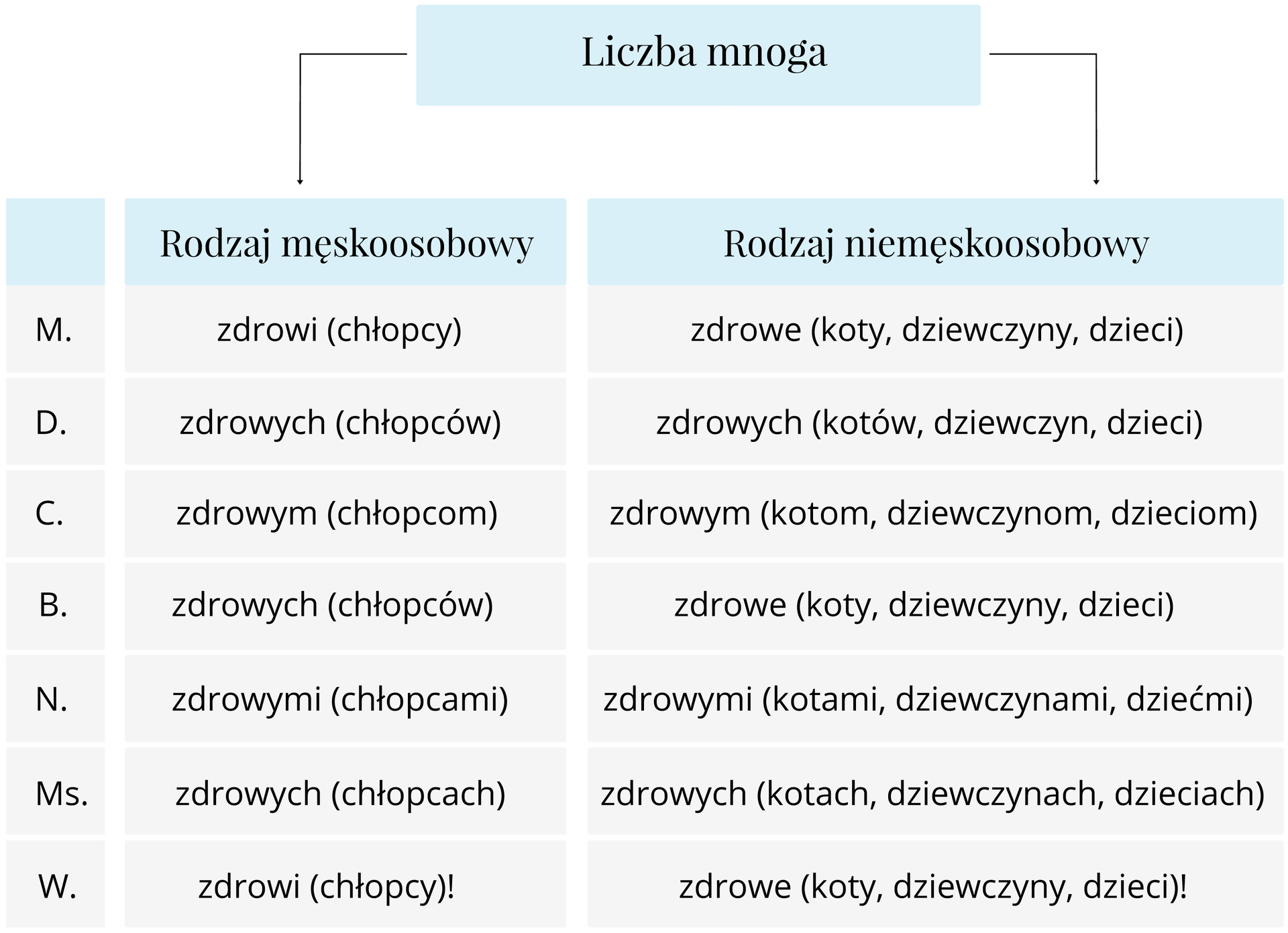 Kliknij, aby powiększyć Schemat obrazujący odmianę przymiotnika i rzeczownika w liczbie mnogiej. W górnej części schematu występuje napis: „Liczba mnoga”. Od niego odchodzą dwie strzałki, pod którymi umieszczono napisy: „rodzaj męskoosobowy”, „rodzaj niemęskoosobowy”. Po lewej stronie umieszczona jest również kolumna ze skrótami określającymi poszczególne przypadki: M., D., C., B., N., Ms, W. Schemat dzieli się na siedem wersów, czyli tyle, ile jest przypadków. Liczba mnoga. Rodzaj męskoosobowy M. zdrowi (chłopcy) D. zdrowych (chłopców) C. zdrowym (chłopcom) B. zdrowych (chłopców) N. zdrowym (chłopcami) Ms. zdrowych (chłopcach) W. zdrowi (chłopcy). Rodzaj niemęskoosobowy M. zdrowe (koty, dziewczyny, dzieci) D. zdrowych (kotów, dziewczyn, dzieci) C. zdrowym (kotom, dziewczynom, dzieciom) B. zdrowe (koty, dziewczyny, dzieci) N. zdrowymi (kotami, dziewczynami, dziećmi), Ms. zdrowych (kotach, dziewczynach, dzieciach) W. zdrowe (koty, dziewczyny, dzieci)!