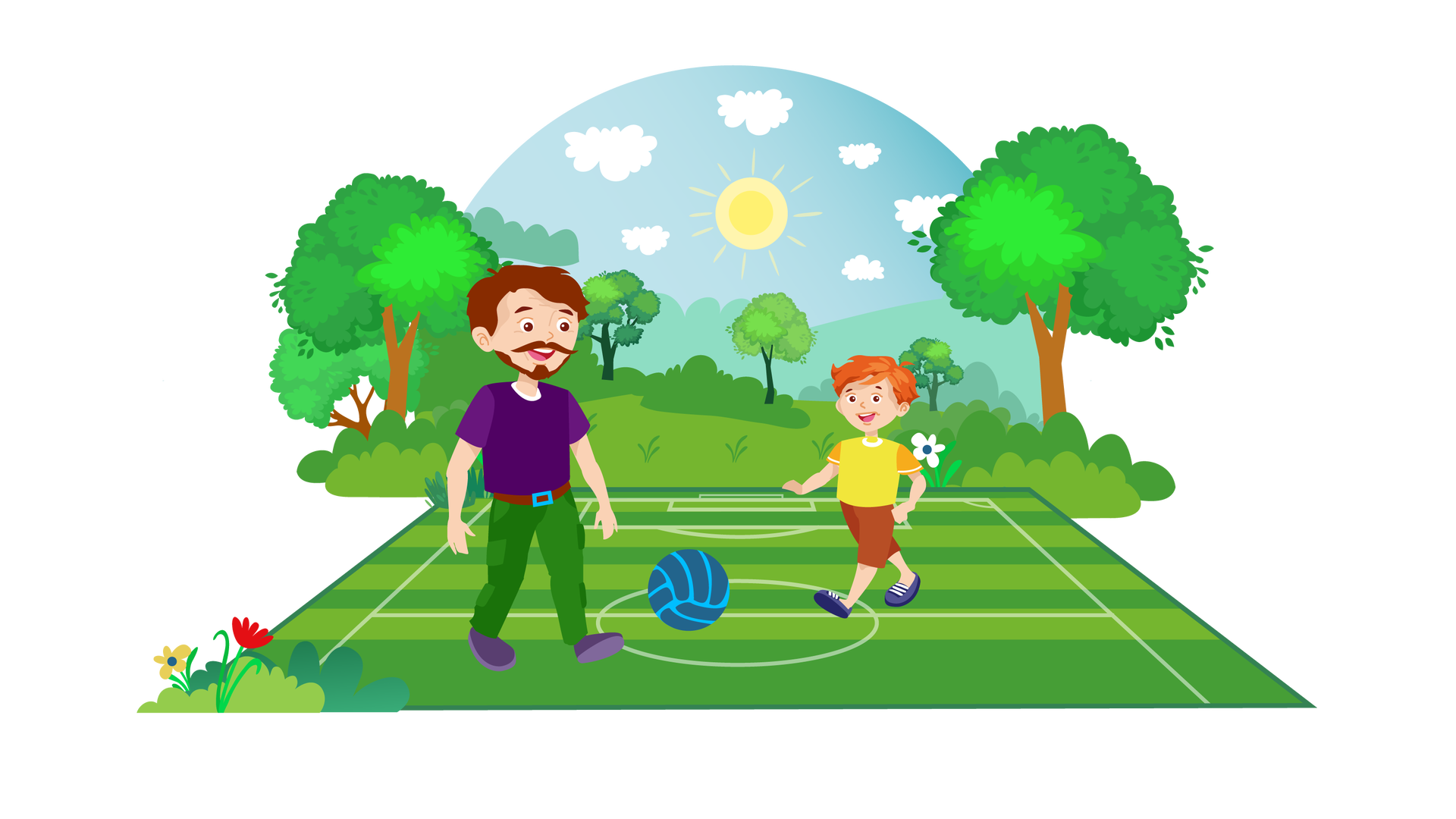 Ilustracja przedstawia zielone boisko. W tle widać błękitne niebo ze słońcem i białymi chmurami. Za boiskiem rozpościera się rozległy teren porośnięty zielenią. Jest tam również kilka drzew liściastych oraz pojedynczy biały kwiat. Na pierwszym planie, w lewym dolnym rogu ilustracji, rosną dwa niskie zielone krzewy oraz dwa kwiaty – jeden ciemnożółty, a drugi czerwony. Na środku boiska leży granatowo‑niebieska piłka. Po jej lewej stronie stoi tata Franka i Mai, a po prawej Franek. Grają razem w piłkę. Oboje szeroko się uśmiechają.