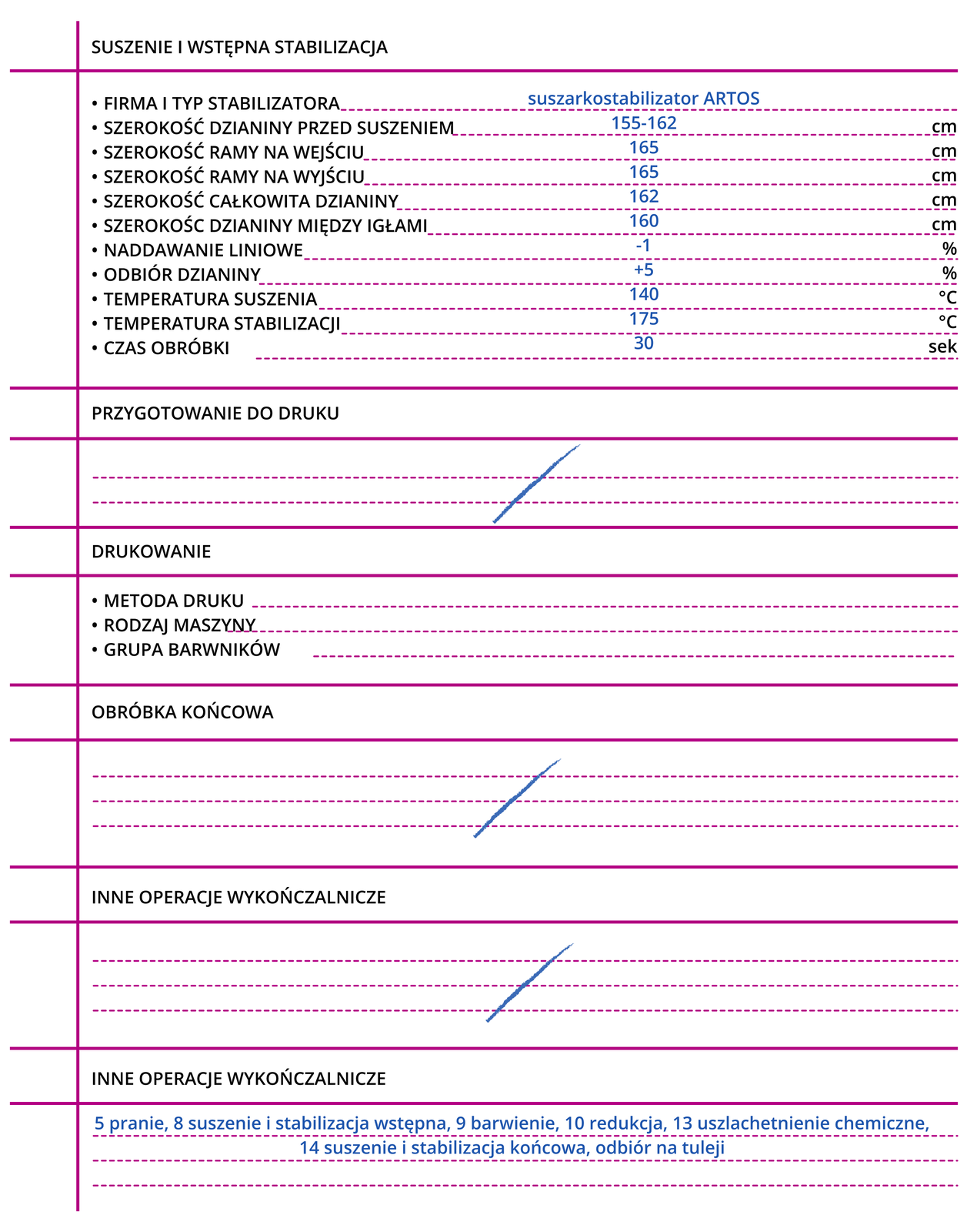Grafika przedstawia trzecią stronę przykładowej karty warunków wykończenia dzianiny. Suszenie i wstępna stabilizacjaFirma i typ stabilizatora: suszarkostabilizator ARTOS.Szerokość dzianiny przed suszeniem: 155‑162 centymetry.Szerokość ramy na wejściu: 165 centymetrów.Szerokość ramy na wyjściu: 165 centymetrów.Szerokość całkowita dzianiny: 162 centymetry.Szerokość dzianiny między igłami: 160 centymetrów.Naddawanie liniowe: -1%.Odbiór dzianiny: +5%.Temperatura suszenia: 140 stopni Celsjusza.Temperatura stabilizacji: 175 stopni Celsjusza.Czas obróbki: 30 sekund.Przygotowanie do drukuDrukowanieMetoda drukuRodzaj maszynyGrupa barwników</liObróbka końcowaInne operacje wykończalniczeInne operacje wykończalnicze: 5 pranie, 8 suszenie i stabilizacja, 9 barwienie, 10 redukcja, 13 uszlachetnianie chemiczne, 14 suszenie i stabilizacja końcowa, odbiór na tulei.