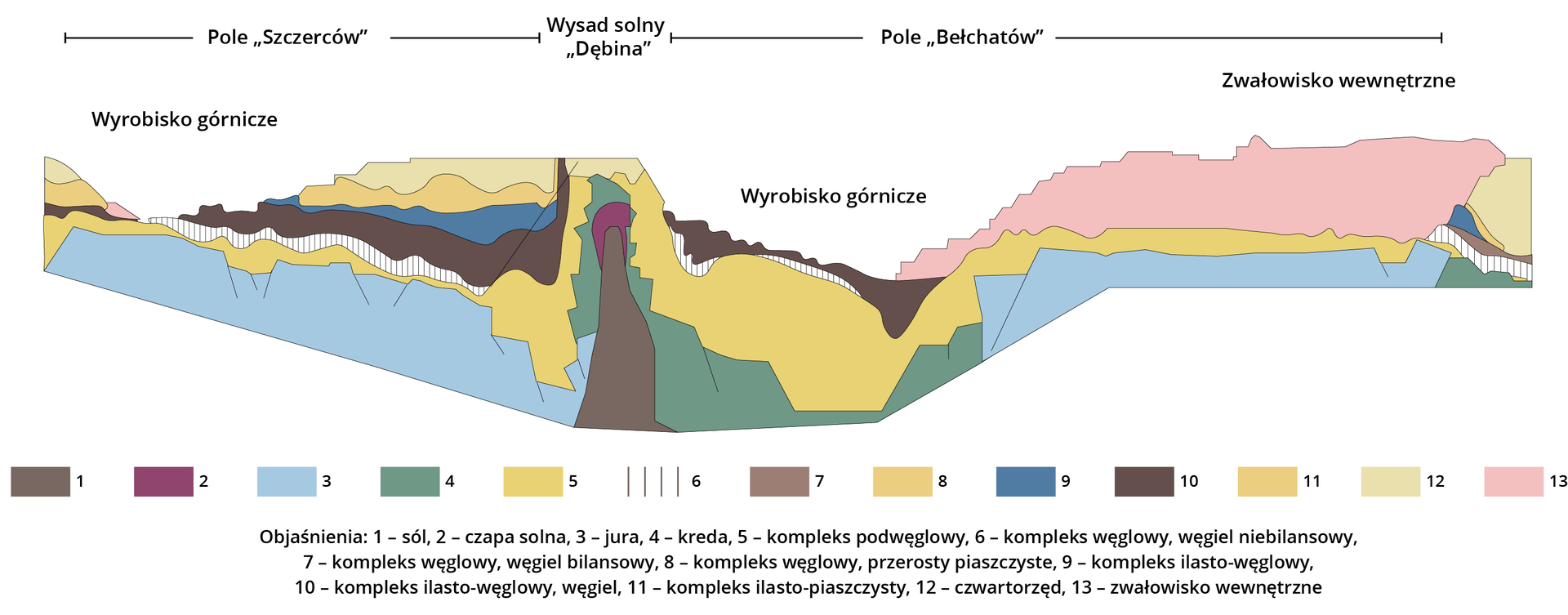 Na ilustracji jest przekrój geologiczny przez złoża węgla brunatnego w rejonie Bełchatowa. Na przekroju zaznaczono poszczególne warstwy w rejonie Pola Szczerców, wysadu solnego Dębina oraz Pola Bełchatów. Po lewej stronie schematu oraz w centralnej części jest wyrobisko górnicze, po prawej stronie schematu jest zwałowisko wewnętrzne. W Polu Szczerców (lewa strona przekroju) w wyrobisku górniczym zaznaczono w górnej warstwie kompleks ilasto-węglowy, węgiel, pod którym jest warstwa węgla niebilansowego. Pomiędzy wyrobiskiem górniczym Pola Szczerców a wyrobiskiem górniczym Pola Bełchatów jest Wysad solny Dębina. Górna warstwa pochodzi z czwartorzędu. Następnie są osady kredowe. W ich górnej części znajduje się czapa solna, a pod nią w postaci pionowego komina są złoża soli. W wyrobisku górniczym na Polu Bełchatów górną warstwę stanowi kompleks ilasto-węglowy, węgiel. Pod nim jest węgiel niebilansowy, a następnie gruba warstwa kompleksu węglowego, przerostów piaszczystych, pod którymi są osady kredowe. Po prawej stronie przekroju jest zwałowisko wewnętrzne Pola Bełchatów. 