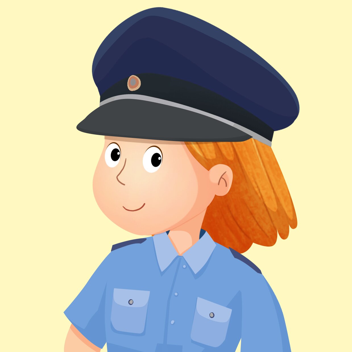 Ilustracja przedstawia dziewczynkę przebraną za policjantkę. 