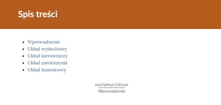 Widok początkowy po wejściu w e‑booka. Na górze znajduje się tytuł lekcji, poniżej zaznaczone, że jest to e‑book, a poniżej spis treści.