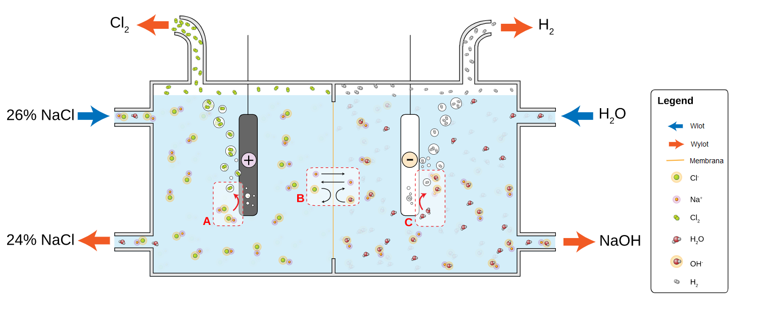 Schemat przedstawiający budowę ogniwa membranowego stosowanego w elektrolizie solanki. Ogniwo zbudowane jest z prostokątnego naczynia składającego się z dwóch komór oddzielonych membraną jonoselektywną. Od każdej z dwóch komór odchodzą po dwa wyloty i po jednym wlocie. W pierwszej komorze znajdującej się po lewej stronie zanurzona jest anoda, na której ma miejsce utlenienie jonów chlorkowych obecnych w roztworze do gazowego chloru. Chlor wydostaje się z komory przez wylot znajdujący się w górnej części naczynia. Roztwór chlorku sodu o stężeniu 26 procent doprowadzony jest wlotem znajdującym się z lewej strony komory na górze, zaś z lewej strony w dolnej części znajduje się wylot, przez który odprowadzany jest roztwór chlorku sodu o mniejszym stężeniu, to jest wynoszącym 24 procent, zgodnie ze schematem. W prawej komorze zanurzona jest katoda oznaczona znakiem minus, na której to zachodzi redukcja obecnej w roztworze wody do wodoru. Utworzony zostaje również w komorze wodorotlenek sodu, dzięki przepływowi jonów sodu przez membranę jonoselektywną z pierwszej do drugiej komory. W drugiej komorze górnym wylotem wydostaje się z naczynia wodór, zaś bocznym odprowadzony jest wodorotlenek sodu. Otworem wlotowym doprowadzana jest woda. Obok schematu znajduje się legenda, w której uwzględniono kierunek doprowadzania i odprowadzania reagentów, a także przedstawiono za pomocą modelu kulkowego struktury poszczególnych indywiduów obecnych w ogniwie: anionu chlorkowego (zielona kulka), kationu sodu (czerwona kulka), cząsteczki chloru (dwie stykające się ze sobą zielone kulki), cząsteczki wody (duża czerwona kulka stykająca się z dwiema mniejszymi, białymi kulkami), anion wodorotlenkowy (kulka czerwona stykająca się z kulką białą) oraz cząsteczka wodoru (dwie małe białe kulki stykające się ze sobą).