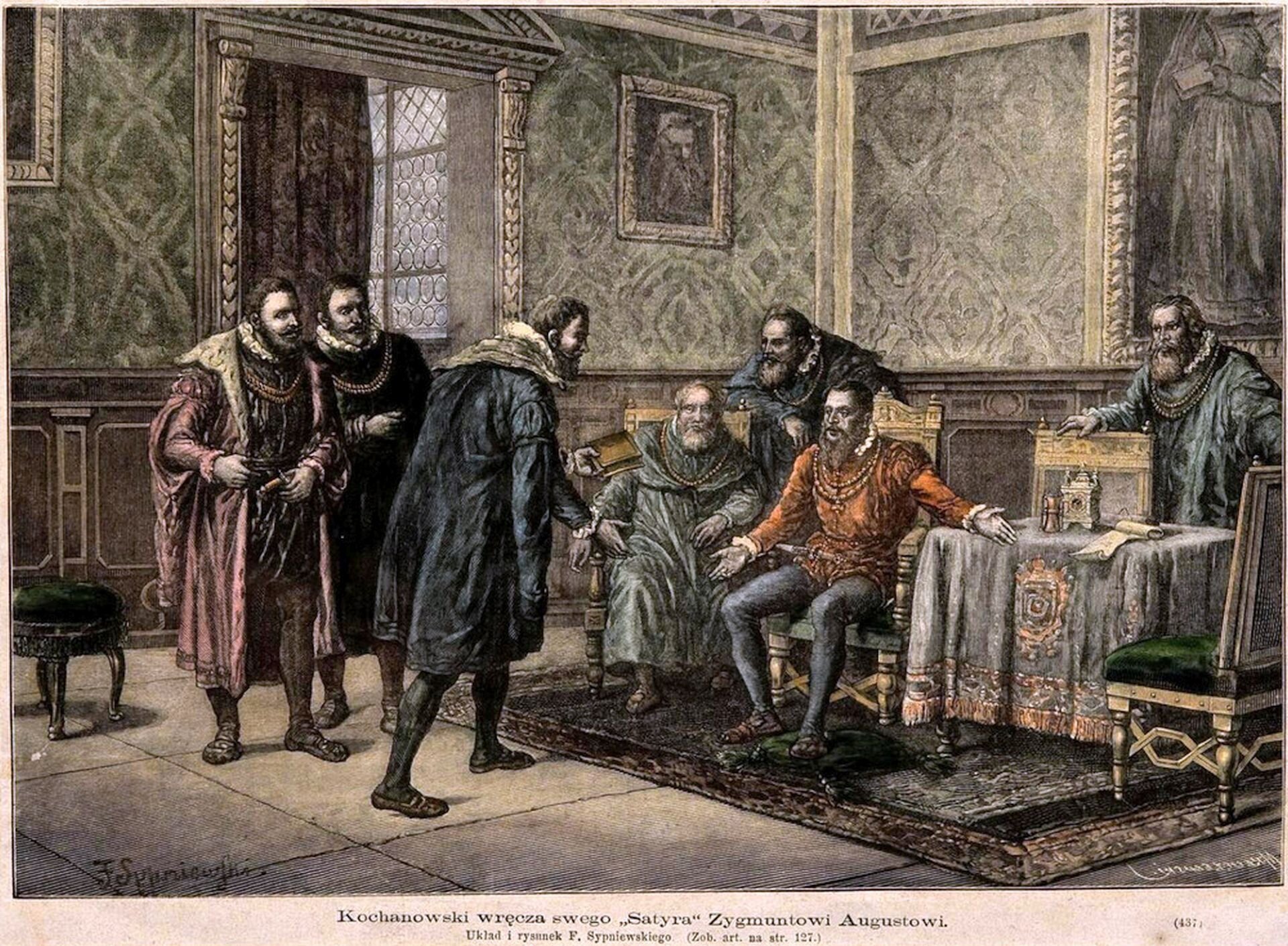 Ilustracja wykonana przez Feliksa Sypniewskiego pod tytułem  „Kochanowski wręcza swego Satyra Zygmuntowi Augustowi” przedstawia mężczyzn w bogato zdobionej komnacie. Jan Kochanowski wręcza królowi Zygmuntowi Augustowi swoją książkę. Wokół nich zgromadzonych jest pięciu mężczyzn.