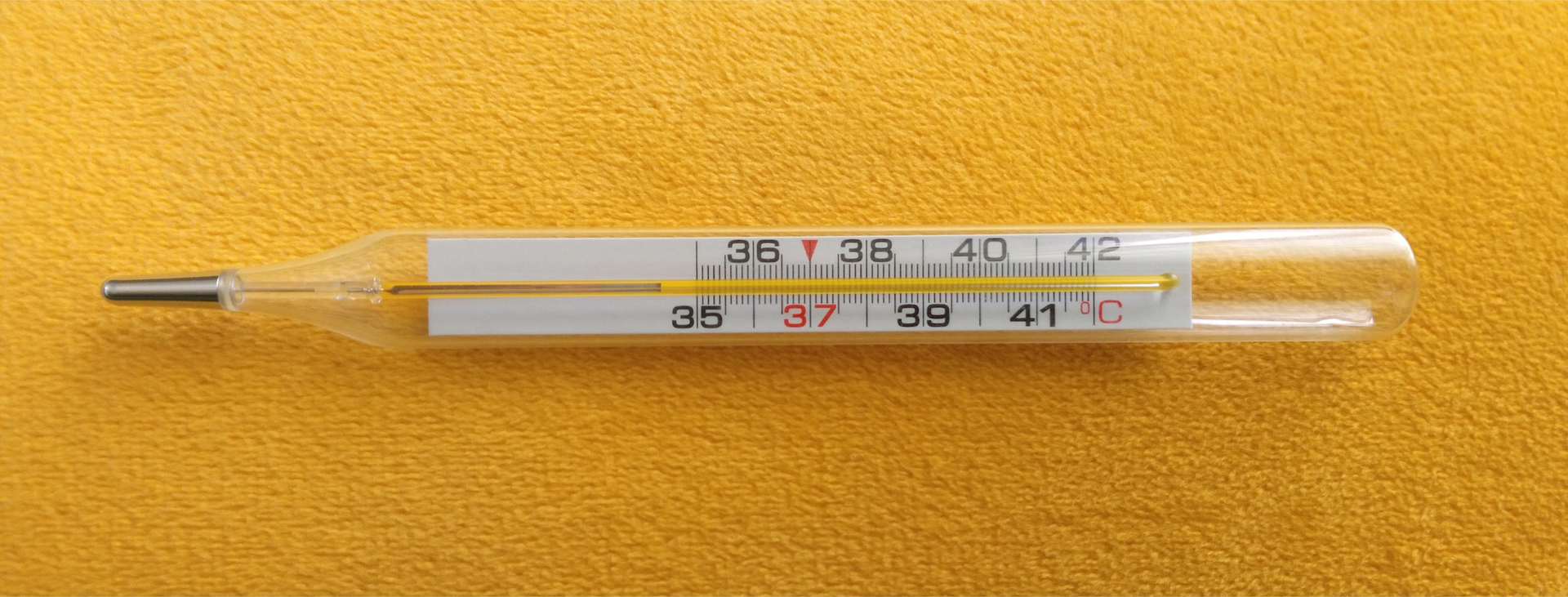 Termometr rtęciowy na żółtym tle. Rtęć jest poniżej trzydziestu pięciu. 