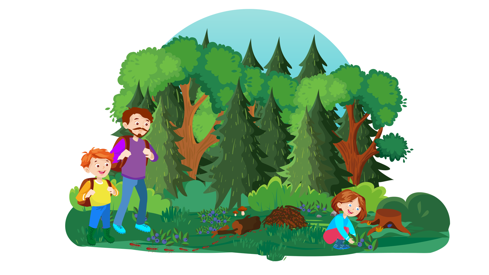 Ilustracja przedstawia las. W tle widać błękitne niebo. Na pierwszym planie znajduje się polana, na której rośnie kilka krzaków jagód. Na środku polany jest mrowisko, do którego idą mrówki jedna za drugą. Obok mrowiska są dwa grzyby o brązowych kapeluszach. Leży tam również kilka kawałków drewna. Po prawej stronie ilustracji jest pień ściętego drzewa. Obok niego kuca uśmiechnięta Maja. Jest ubrana w błękitną bluzę z długimi rękawami, długie ciemnoróżowe spodnie i wysokie ciemnoniebieskie buty. Zbiera jagody z krzaka. Po lewej stronie ilustracji stoi Franek. Jest ubrany w żółtą bluzę z długimi pomarańczowymi rękawami, długie niebieskie spodnie i wysokie ciemnozielone buty. Na plecach niesie ciemnobrązowy plecak. Patrzy na Maję i się uśmiecha. Obok Franka stoi tata. Jest ubrany w fioletowy sweter z długimi rękawami, długie ciemnoniebieskie spodnie i błękitne buty. Na plecach niesie ciemnobrązowy plecak. Również patrzy na Maję i się uśmiecha.