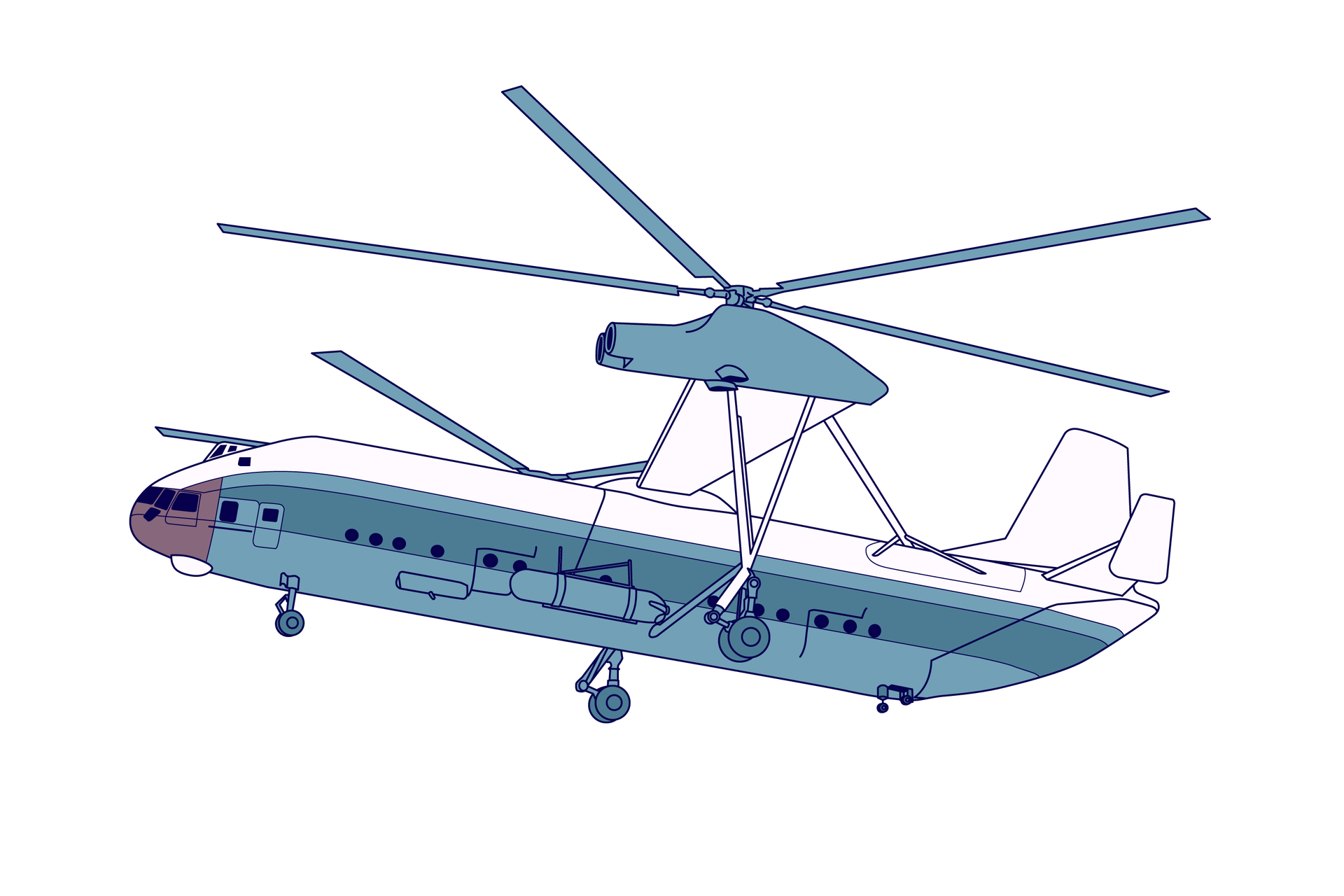 Ilustracja przedstawia przykład śmigłowca dwuwirnikowego w układzie poprzecznym. Podłużna kabina posiada trzy koła podwozia oraz usterzenie na tylnym jej końcu. Z boków śmigłowca wystają dwa skrzydła, na końcu których zamontowane są dwa silniki ze śmigłami o pięciu łopatach.