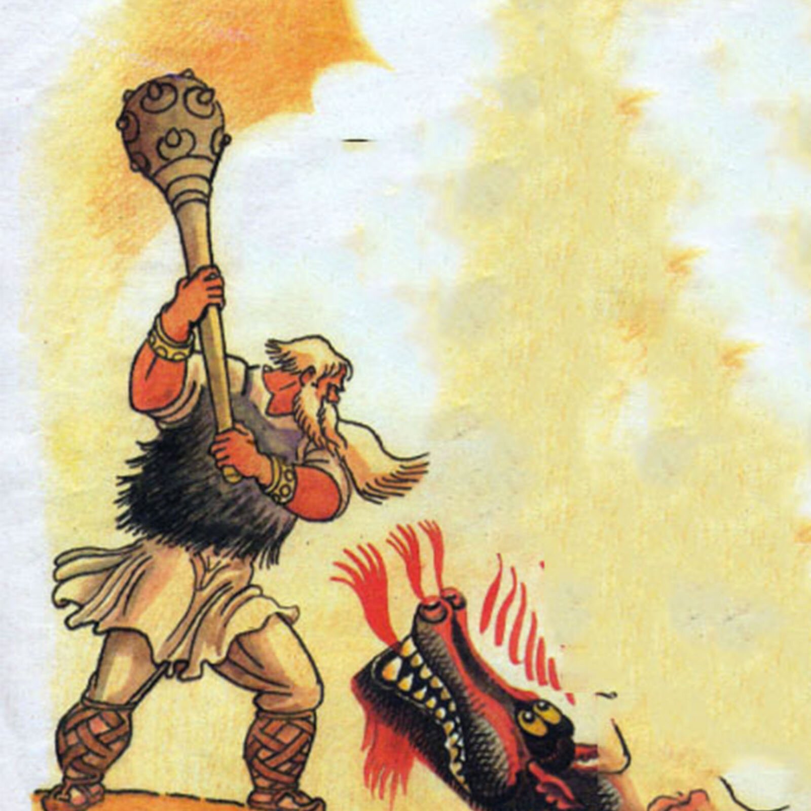 Na ilustracji znajduje się wysoki, bardzo silny mężczyzna z długą, siwą brodą i wielką maczugą w dłoniach. Przed nim znajduje się łeb wystraszonego smoka, z którym walczy.